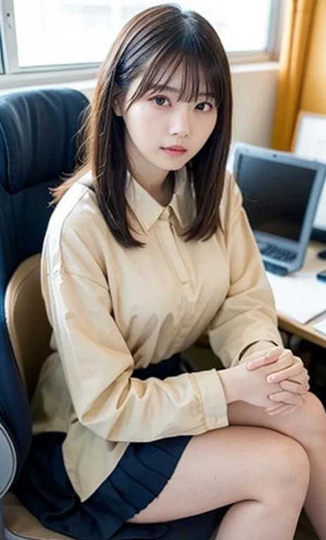 masterpiece、highest quality、16K、Japanese、beautiful girl、daytime office、Window seat、sitting in front of the computer、Beige loose blouse、navy pleated skirt、smooth and beautiful thighs、big breasts、fine and beautiful eyes、cute hanging eyes