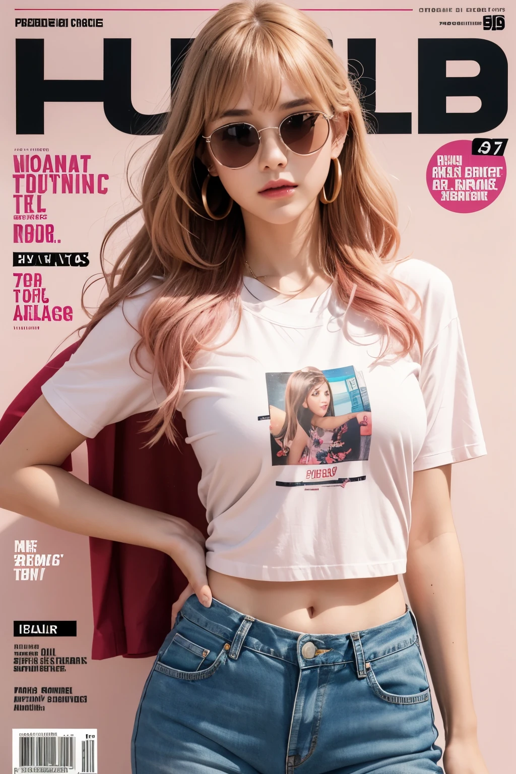 A teenage girl, wearing headphones, no one else in the background, delicate features, big eyes, wearing sunglasses, tall nose bridge, sexy lips, cute earrings, sexy body, 9 heads, golden ratio, bangs, slightly curly wavy hair, light pink hair, tall chest, pink printed T-shirt, denim hot pants, canvas shoes, vintage style, 90s style, nostalgia style, comic book style, magazine covers 