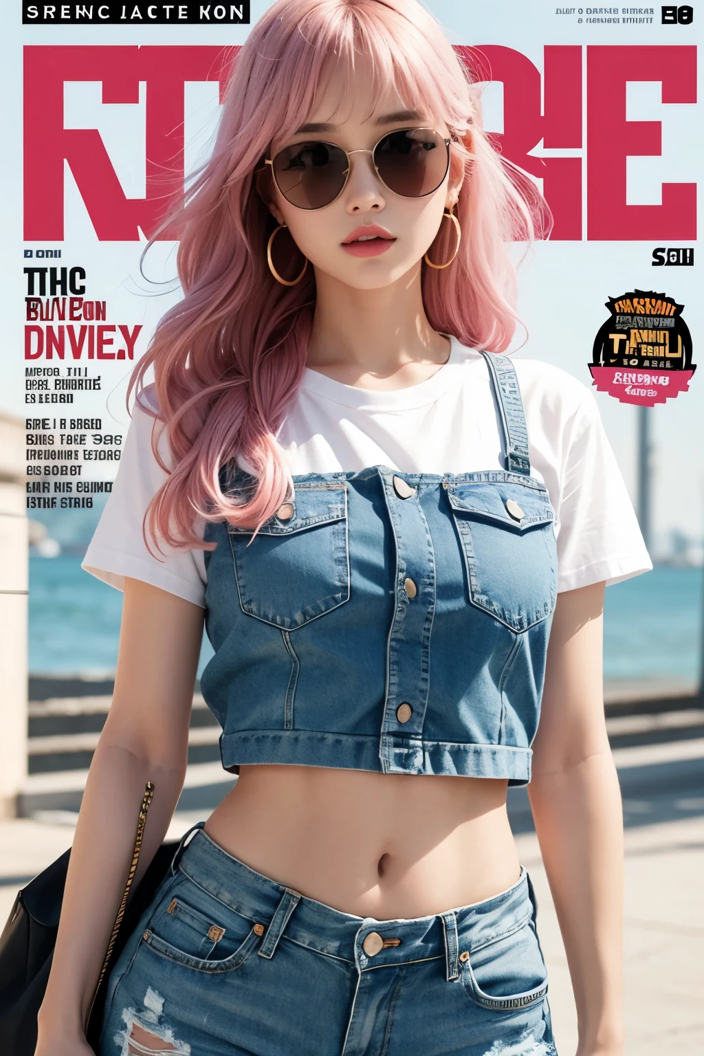 A  girl, wearing headphones, no one else in the background, delicate features, big eyes, wearing sunglasses, tall nose bridge, sexy lips, cute earrings, sexy body, 9 heads, golden ratio, bangs, slightly curly wavy hair, light pink hair, tall chest, pink printed T-shirt, denim hot pants, canvas shoes, vintage style, 90s style, nostalgia style, comic book style, magazine covers 