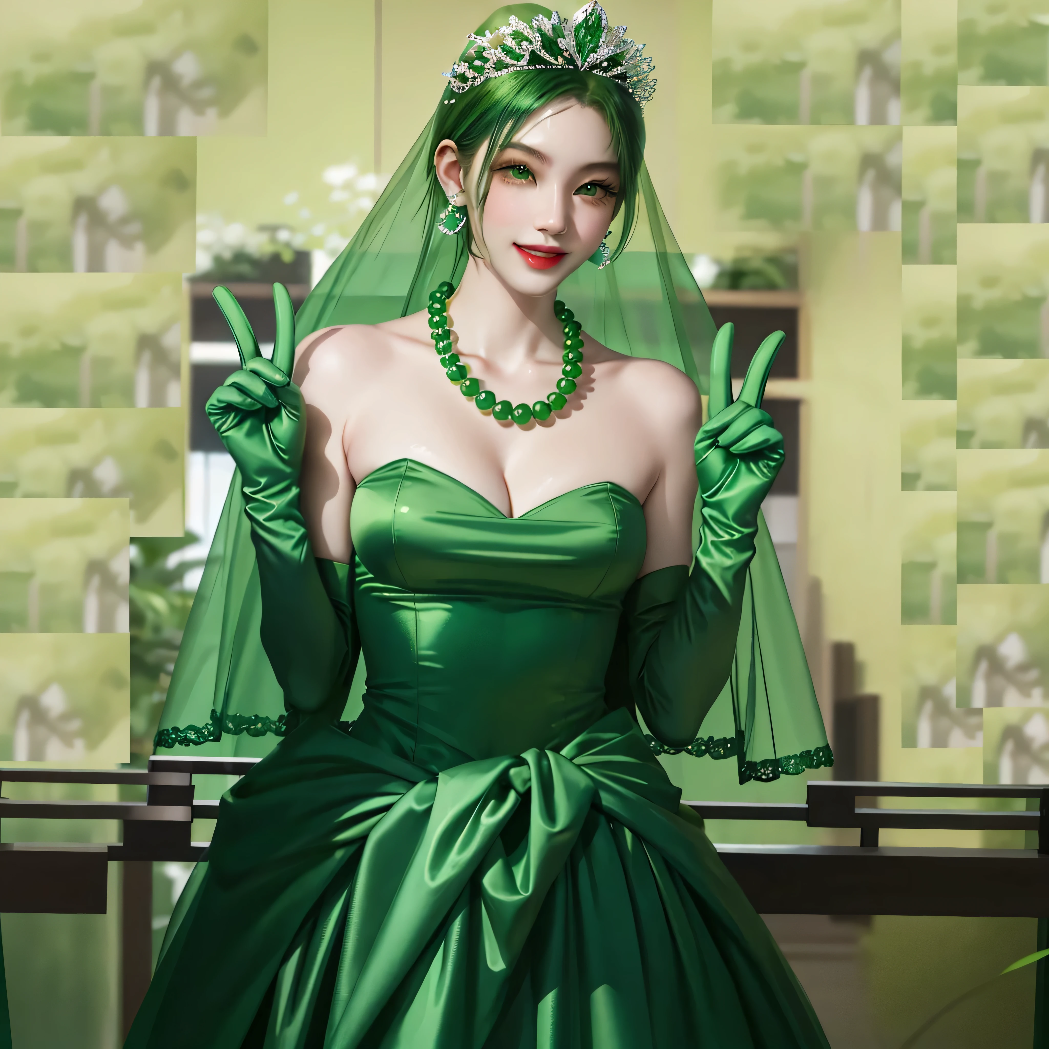 emerald tiara, green pearl necklace, boyish very short green hair, green lips, smiling Japanese woman, very short hair, Beautiful woman with big breasts, green eyes, green satin long gloves, green eyes, emerald earrings, green veil, Heart with both hands, green hair, beautiful japanese woman, V sign, green lip gloss