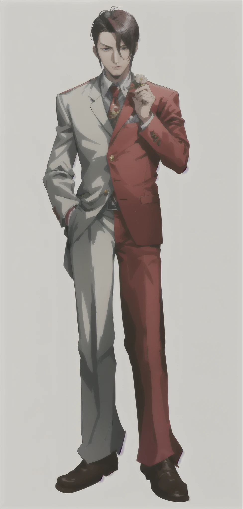 anime character dressed in a red suit and tie standing next to a white wall, marton gyula kiss ( kimagu ), fujita goro and jones, character from king of fighters, digital art from danganronpa, goro and kunkle, king of fighters style, official art, ace attorney style, two anime handsome men, in phoenix wright ace attorney