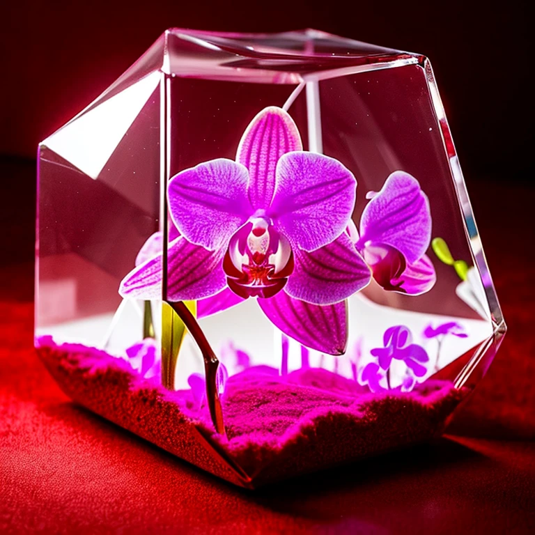 on red velvet, glow effect, inside glass, transparent cube, beautiful orchid, High detail, high contrast.
