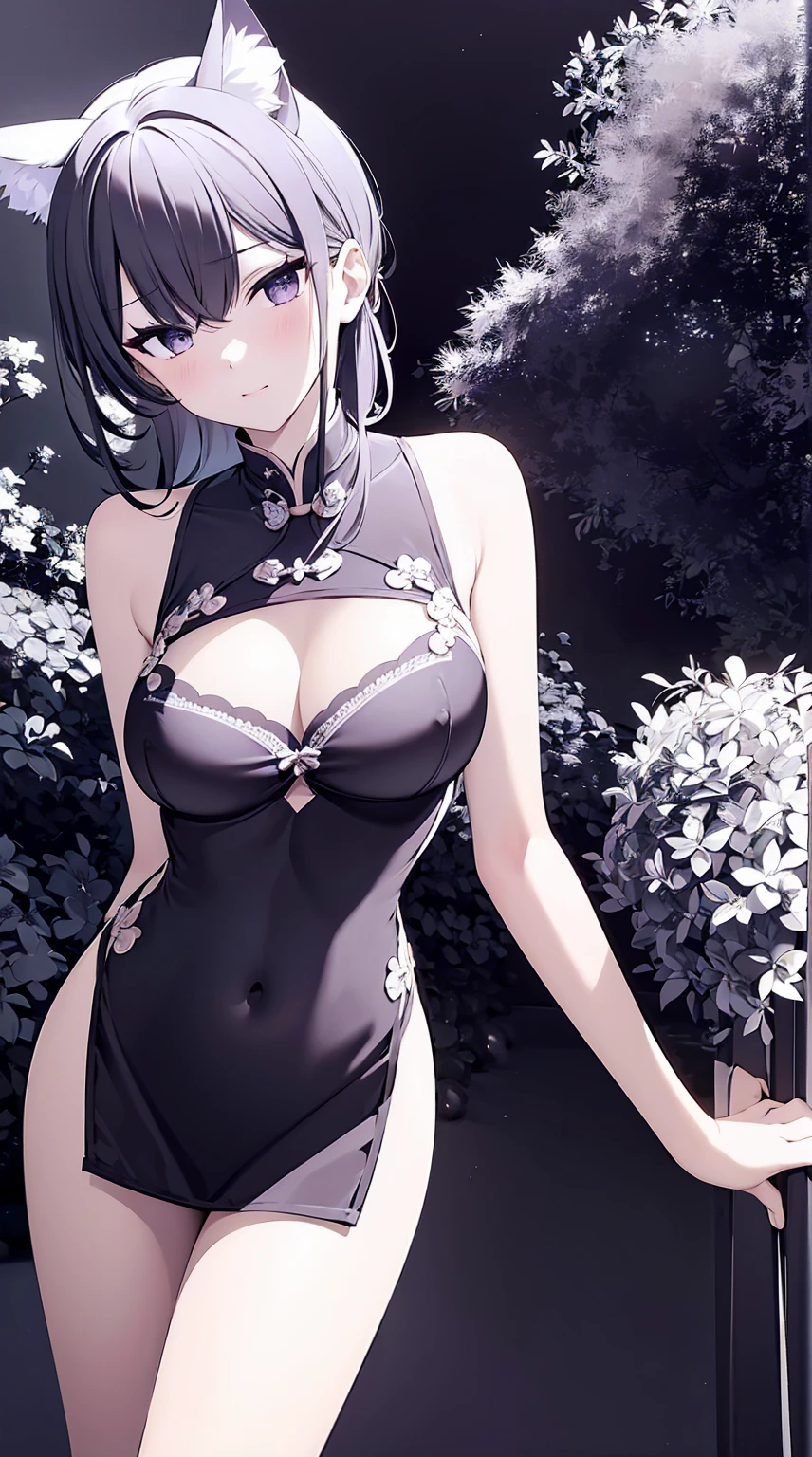 (masterpiece), (best quality), (ultra-detailed), photorealistic, (best illustration), (an extremely delicate and beautiful), 1girl, solo, Lingerie, standing, looking at viewer,short hairs, Cheongsam, upper body (show off nipples under Cheongsam) Very Fine Eyes Very Fine Face、Insanely detailed body、Extremely fine skin, very elaborate hair ornament, Precisely shaped body and hands bra lift (Nekomimi)