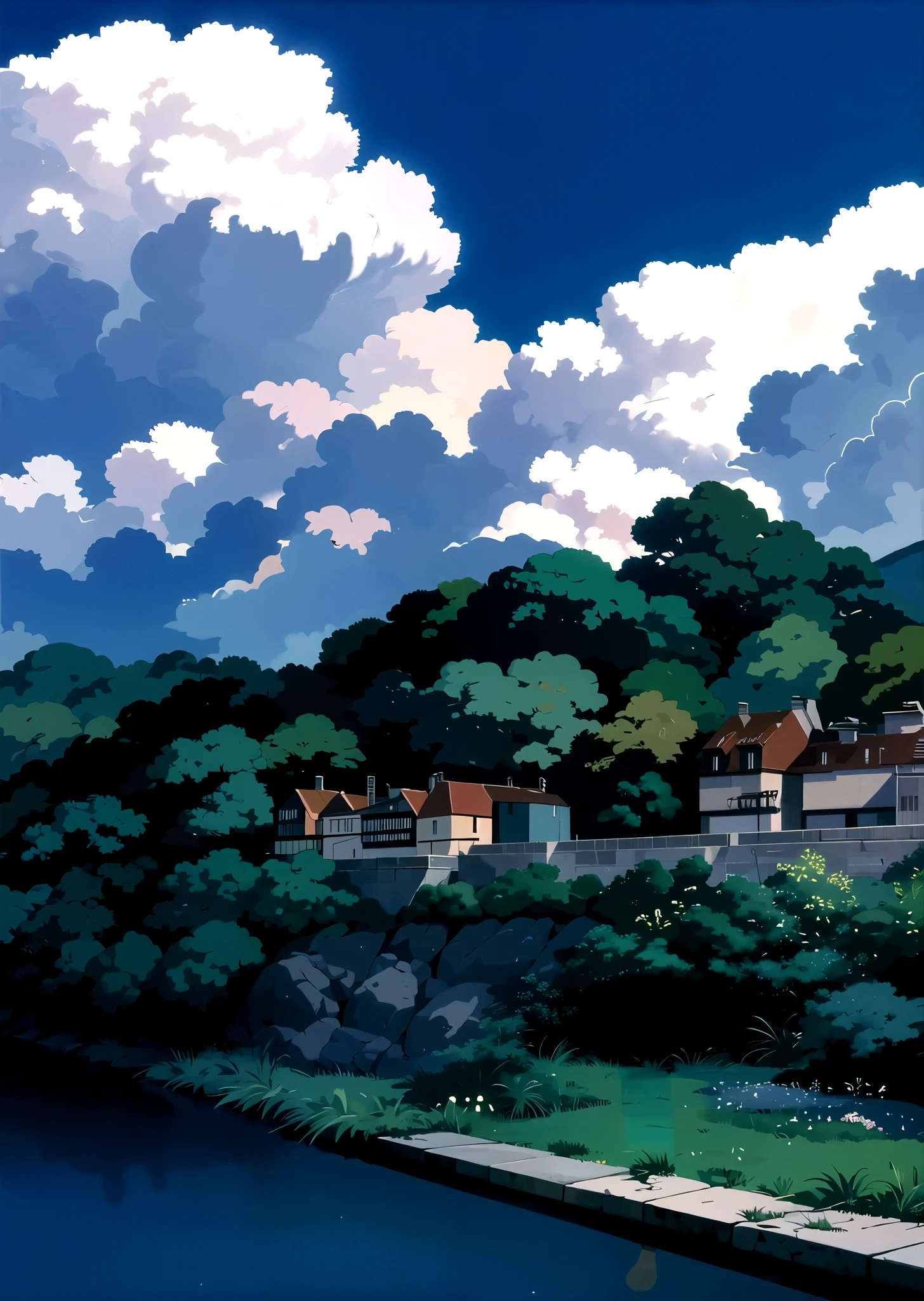 (((ghibli style))),Summer, night,landscape,
