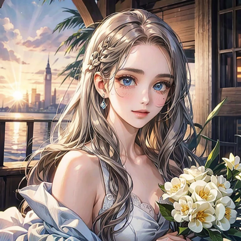 white、Ocean、droopy eyes、Brown eyeballs on face、smile、23 year old female、woman wearing one piece、long hair girl、((long hair girl))、Girl with bangs、detailed face、clean face、((best image quality))、mole、bouquet、bride、Mermaid Dress.Latte colored hair、blue eyes、heroine、blush