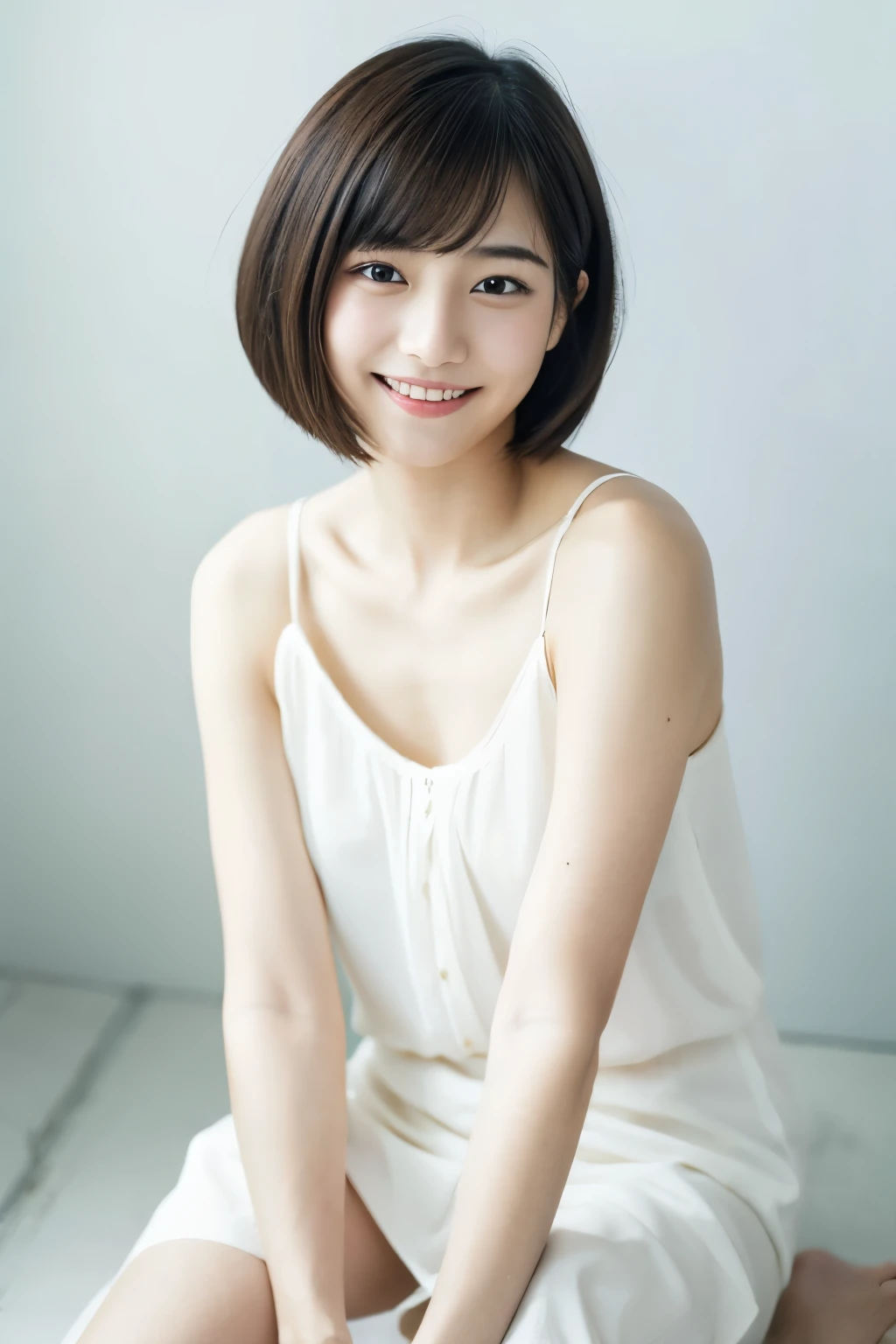 Young Japanese woman, 30s, white background, simple background, short bob hair, slender, 4K, 8K medium, high resolution, beautiful woman, beautiful eyes, simple, high resolution, alone, beautiful skin, beautiful skin, Smile, relax, use smartphone
