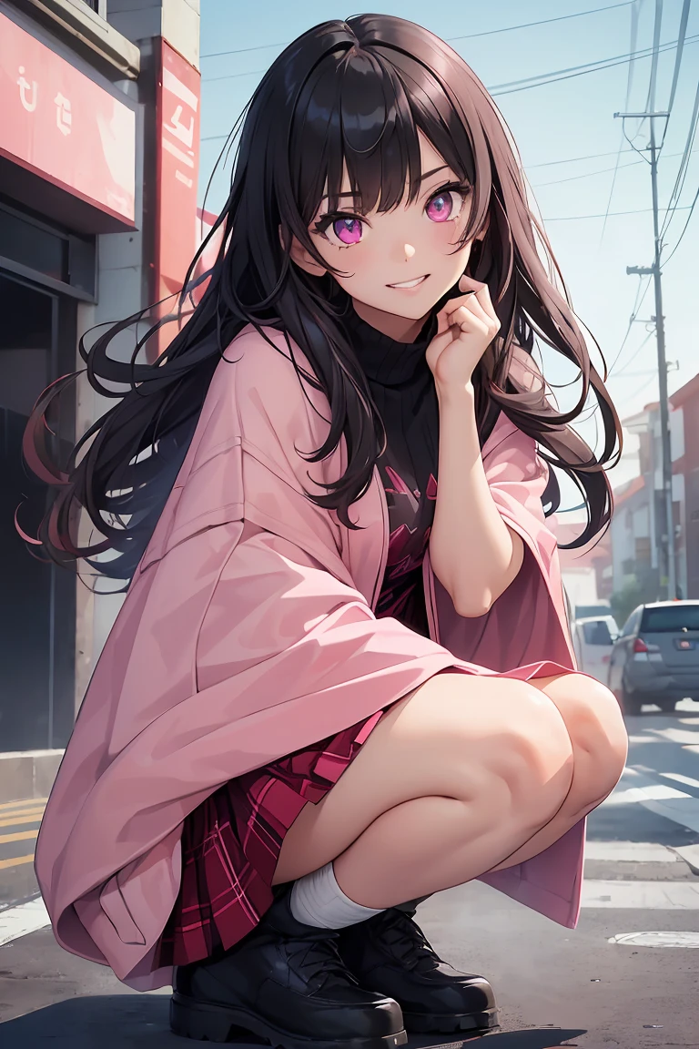 ((1 girl)), latest trend clothes, poncho, red check skirt, black clothing ,squat, squat, Street fashion,cowboy shot,((Super detailed,highest quality, High resolution, 8k wallpaper, beautiful clothes,)),((black hair, long hair,straight hair,two side up)), (teeth), Grinning face, eye shadow, eyeliner,Glow eye, highly detailed eyes, clear eyes, beautiful eyes, ((shining pink eyes)), 15 year old girl.