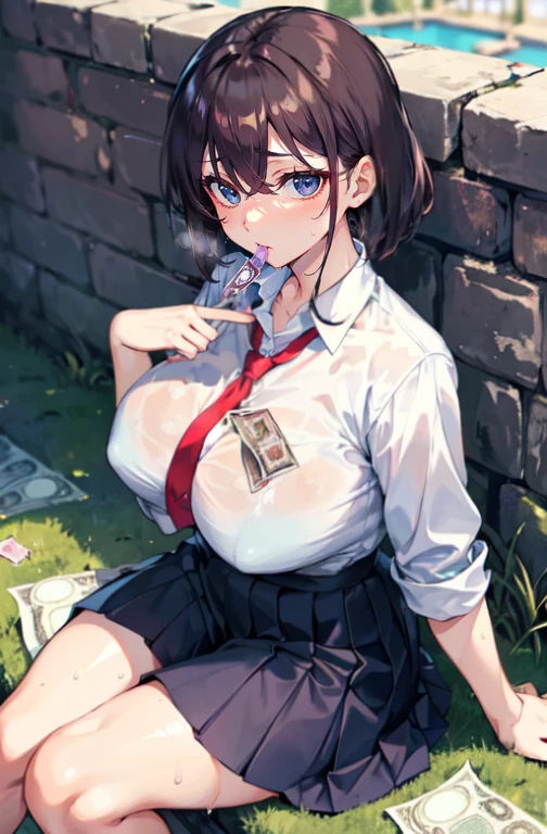masterpiece, Great, Great, 1 girl, Blue eyes, shirt, pleated skirt, Big breasts, sort, ((sweat turns red, Big breasts, bite the condom, holding a condom in your hands, condom on the chest, sitting on the ground, money on earth))