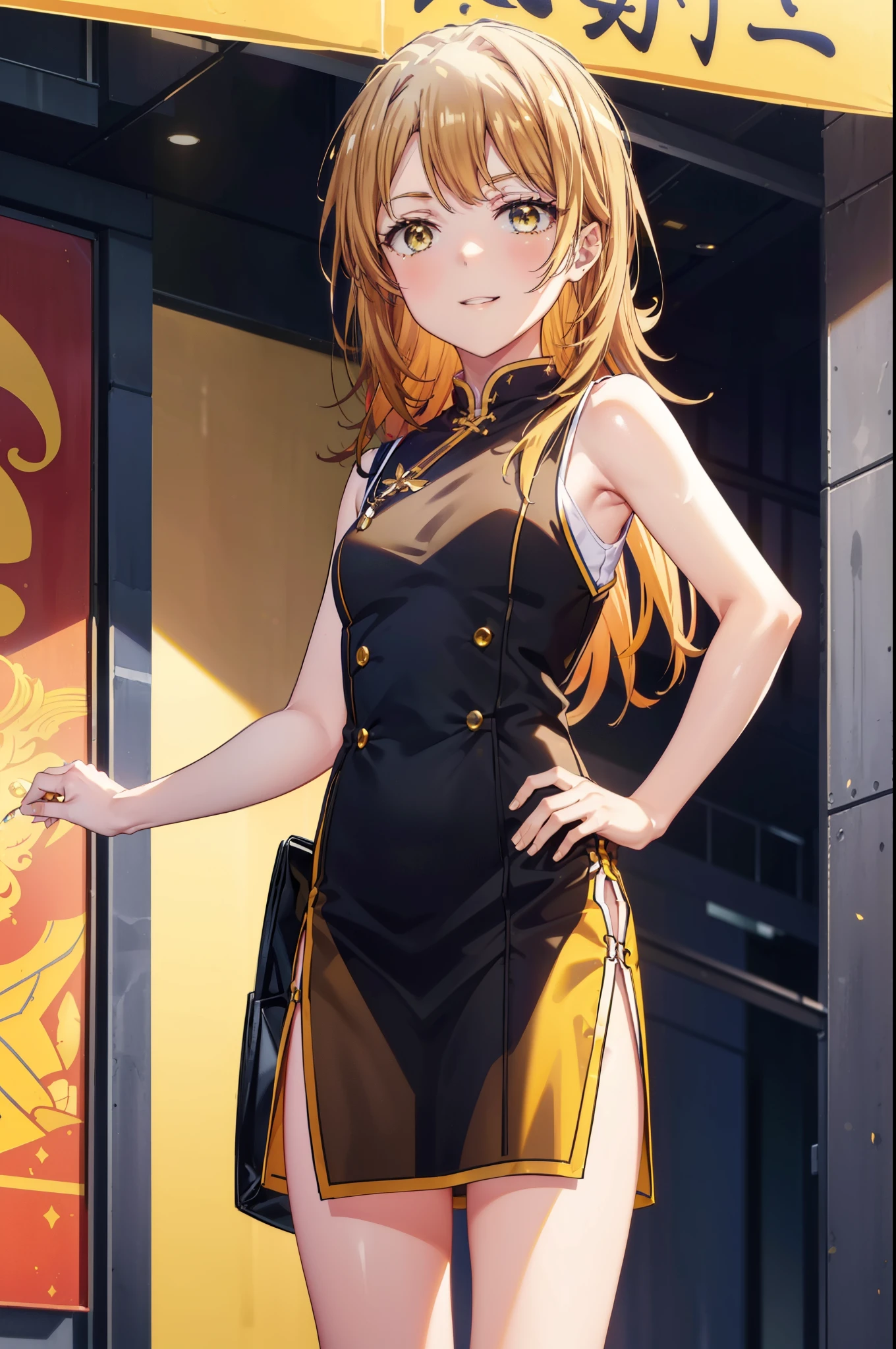 irohaisshiki, iroha isshiki, long hair,brown hair,,(brown eyes:1.5), happy smile, smile, open your mouth,bare arms,yellow cheongsam clothes,Yellow long slit,black pantyhose,stiletto heels,whole bodyがイラストに入るように,
break indoors, Chinese Restaurant,
break looking at viewer,whole body,(cowboy shot:1.5),
break (masterpiece:1.2), highest quality, High resolution, unity 8k wallpaper, (shape:0.8), (fine and beautiful eyes:1.6), highly detailed face, perfect lighting, Very detailed CG, (perfect hands, perfect anatomy),