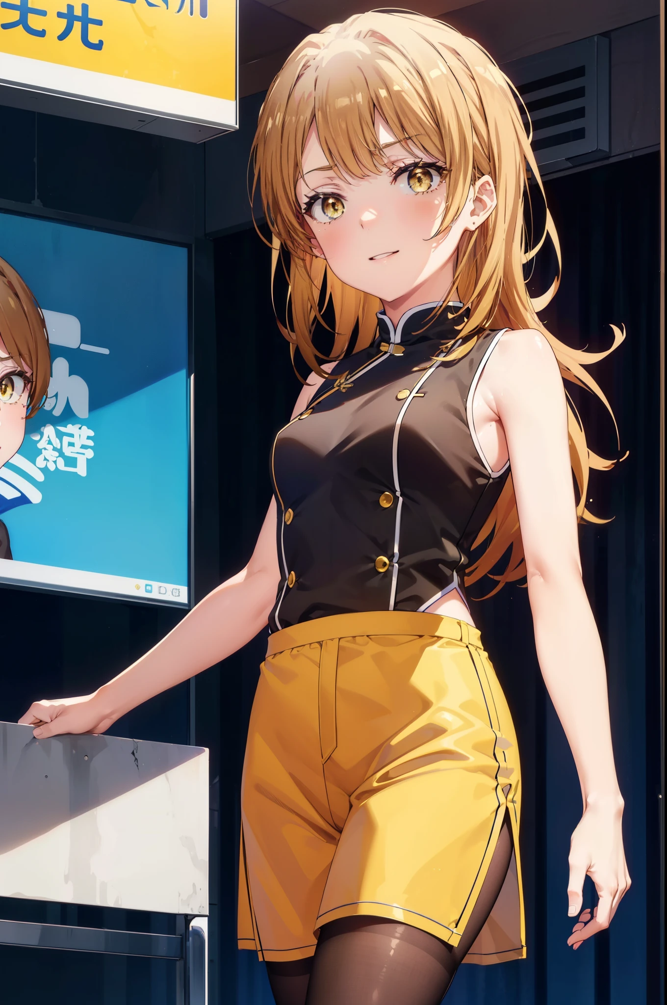 irohaisshiki, iroha isshiki, long hair,brown hair,,(brown eyes:1.5), happy smile, smile, open your mouth,bare arms,yellow cheongsam clothes,Yellow long slit,black pantyhose,stiletto heels,whole bodyがイラストに入るように,
break indoors, Chinese Restaurant,
break looking at viewer,whole body,(cowboy shot:1.5),
break (masterpiece:1.2), highest quality, High resolution, unity 8k wallpaper, (shape:0.8), (fine and beautiful eyes:1.6), highly detailed face, perfect lighting, Very detailed CG, (perfect hands, perfect anatomy),