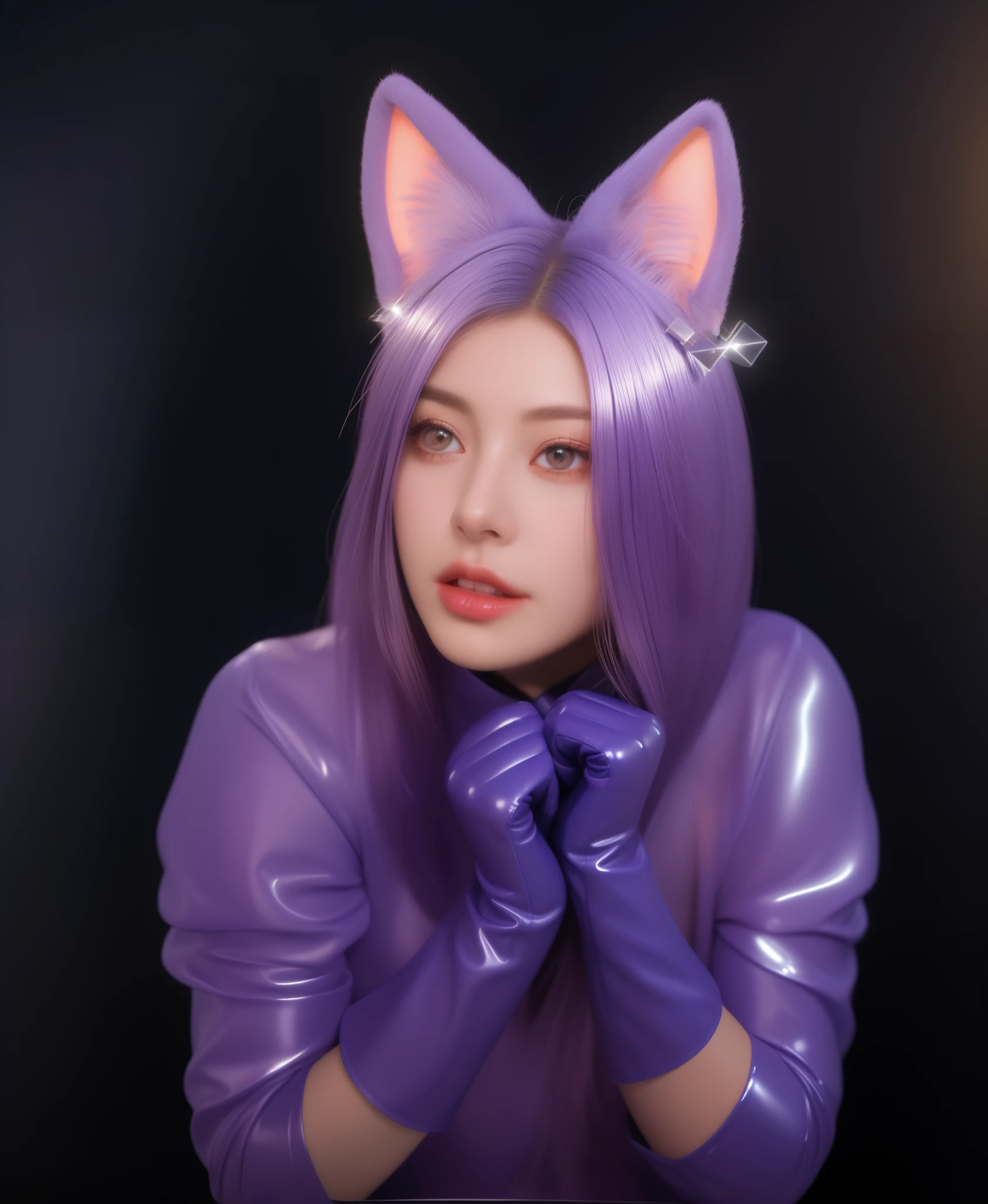 purple haired girl with purple gloves and a purple cat costume, purple cat, she is scared, headshot of young female furry, woman with cat ears, girl with cat ears, beautiful young catgirl, anime cosplay, purple metal ears, cosplay photo, glossy texture, smooth 3d model, multiple light sources, rim light, sharp post effects render, (glossy plastic texture with multiple big light probe refractions), perfect cgi, smooth silhouette, high intensity refraction, (super glossy material), most beautiful vfx, blue background, plastic refractions, realistic, 4k, high resolution, rim light, photo shoot, commercial photo, profile shot, 4k, rim light, high resolution, 4k, glossy texture, smooth 3d model, multiple light sources, rim light, sharp post effects render, (glossy metallic texture with multiple big light probe refractions), perfect cgi, cgi art created only with gradients, smooth silhouette, high intensity refraction, (super glossy chrome material), most beautiful vfx, blue background, chrome metal refractions, multiple light sources, rim light, sharp post effects render, perfect cgi, digital art, detailed digital art, reflective, best quality, 4k, masterpiece:1.2, ultra-detailed, realistic, vivid colors, dark and moody lighting, The image of the highest quality, ensuring every detail showcased perfectly. It in 4k resolution, allowing viewers to immerse themselves in the richness of the colors and intricate details. The realistic rendering. under the spotlight, reflecting, high-resolution image, realistic rendering, dark background, and rim light photorealistic