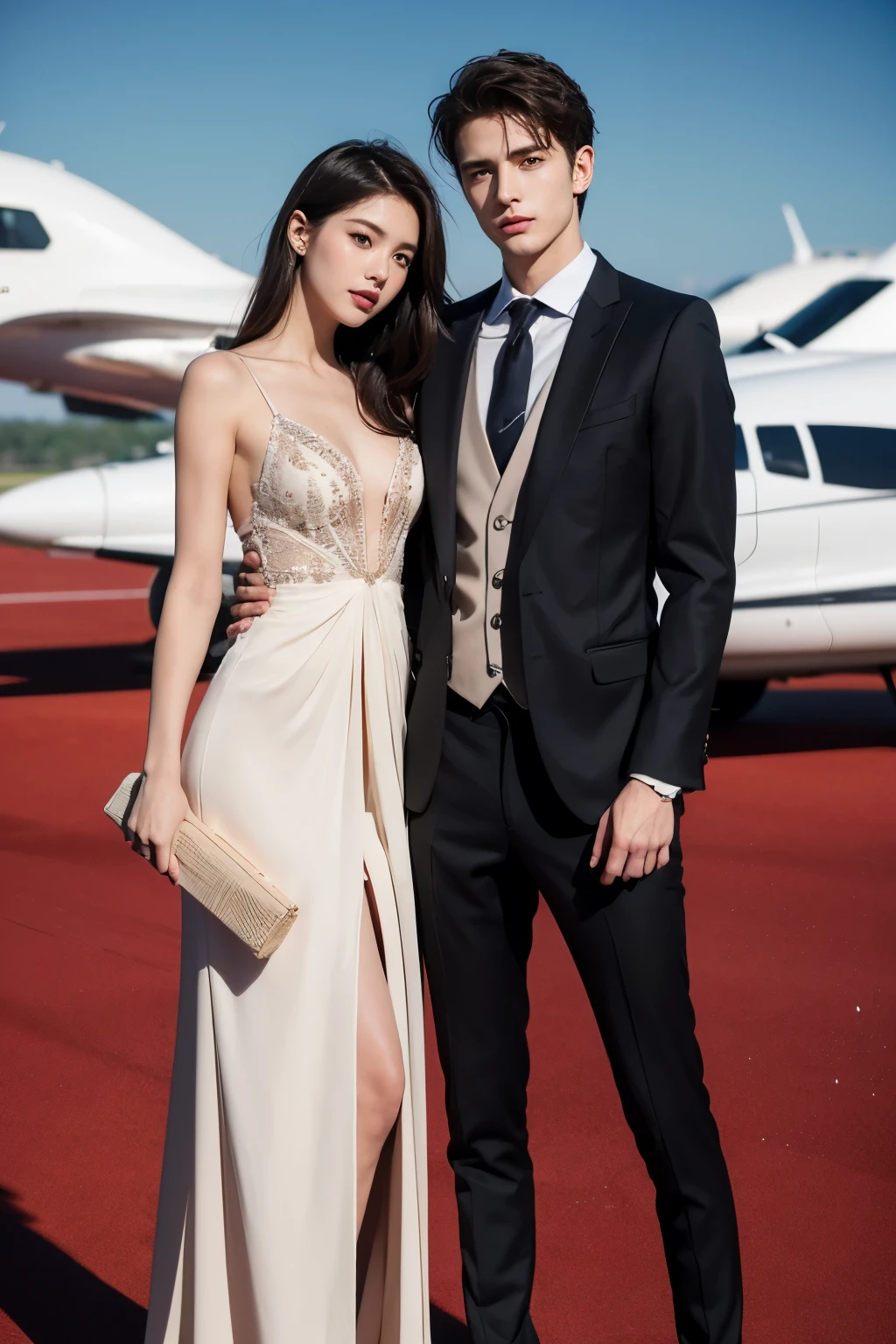Realistic, 4k, high detailed, high quality, Potrait of one man(24 years old) in a suit(in the middle) and two girls with luxury dress, standing, perfectly proportioned, intimate, Lovers, close to each other, perfect anatomy, perfect background, perfect face, perfect body, detailed face, look at camera, in front of private jet
