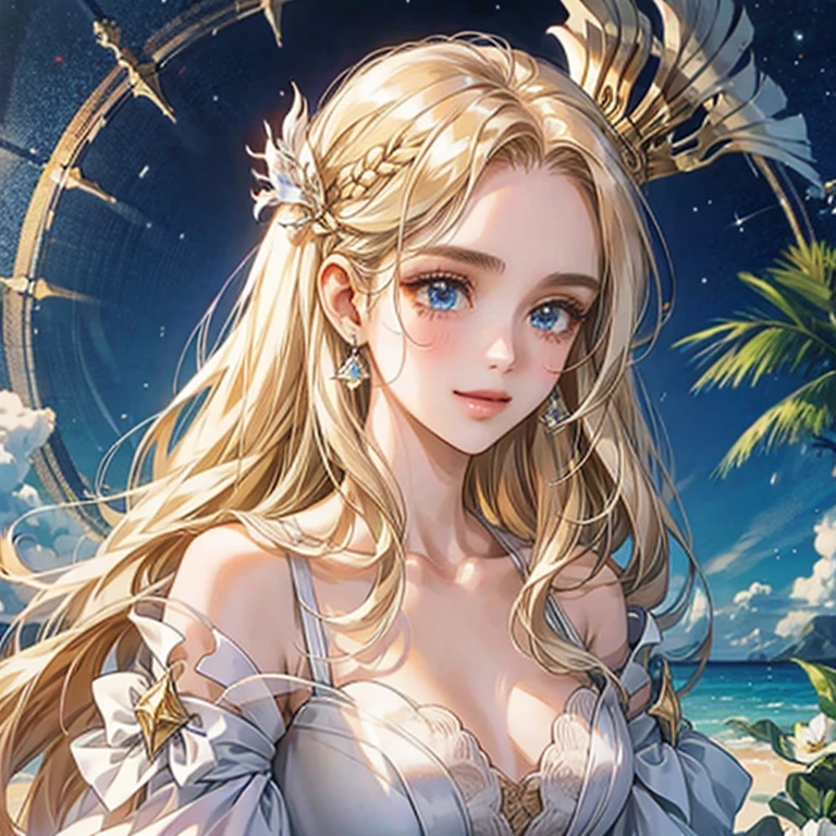 white、Ocean、droopy eyes、Brown eyeballs on face、smile、23 year old female、woman wearing one piece、long hair girl、((long hair girl))、Girl with bangs、detailed face、clean face、((best image quality))、mole、bouquet、bride、Mermaid Dress.golden hair、blue eyes、heroine、blush