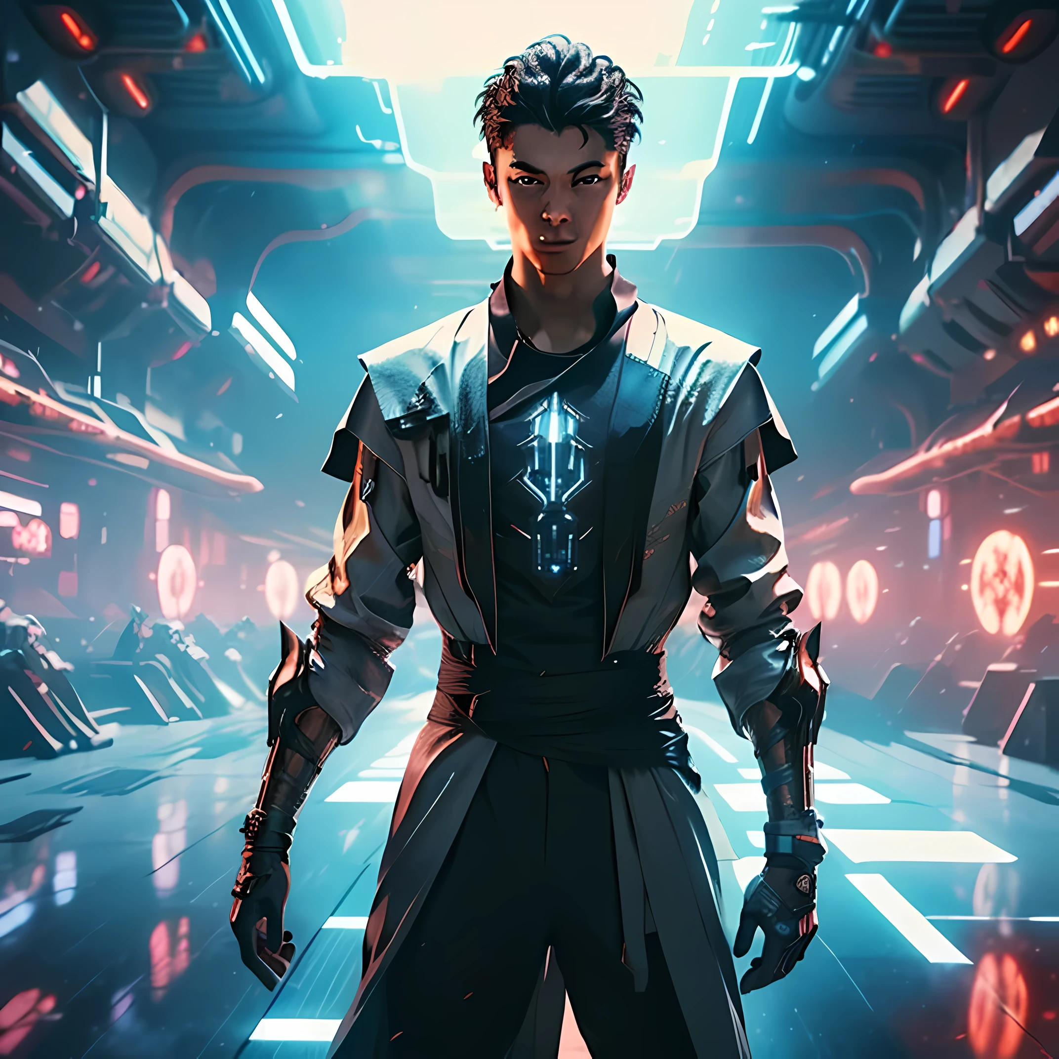 This stunning CG unity 8k wallpaper is an absolute masterpiece, showcasing an ultra-detailed and realistic scene. The illumination is at its best, beautifully highlighting every intricate detail and casting the perfect shadows to add depth and realism to the image. 

In the center of the composition stands a young boy with striking blue eyes and dark hair, clad in a futuristic red and black sci-fi bodysuit. The suit features a high-tech neck seal, emphasizing the sleek design and advanced technology it embodies. The boy strikes a dynamic pose, exuding confidence and determination.

The backdrop of the artwork is a mesmerizing high-tech sci-fi hallway, adorned with detailed machinery and futuristic elements. The attention to detail is exceptional, with every panel and texture rendered with utmost