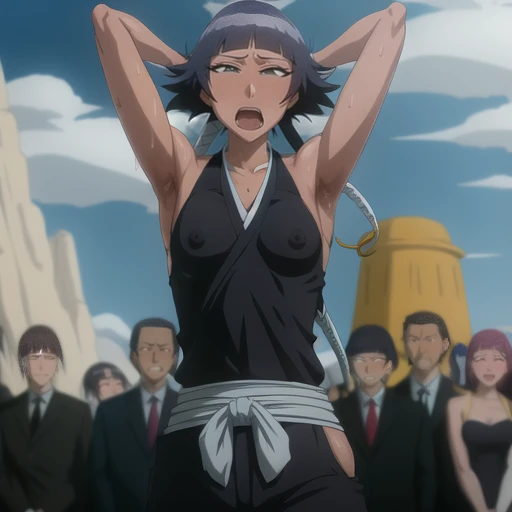 ( Animation screenshots:1.1),(best quality), (Super detailed), outdoor, Nipples exposed, 1 female,coquettish, sexy, charming, low double braids,alone, black hair, side breasts,japanese clothing, - Hip vents, small breasts, No eyeballs, Also available in black, facing the audience, looking at the audience, tired, from below, (露armpit:1.1), ((armpit:1.2)), sexy的, Sweat dripping, More and more sweat,(ahegao), (Roll your eyes), naughty face, blush, open mouth, Sticking out tongue, saliva, Slobber,Runny nose,skinny, raise arms, (arms above head:1.5)