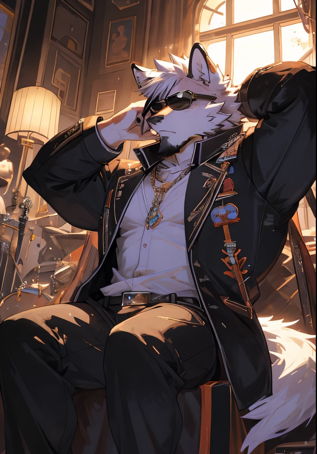 （masterpiece），（Very detailed），（high detail），（best quality），hairy，white fur，white hair，sunglasses，8k，（（high quality））,（bounded:1.2),Hands behind head，Wolf