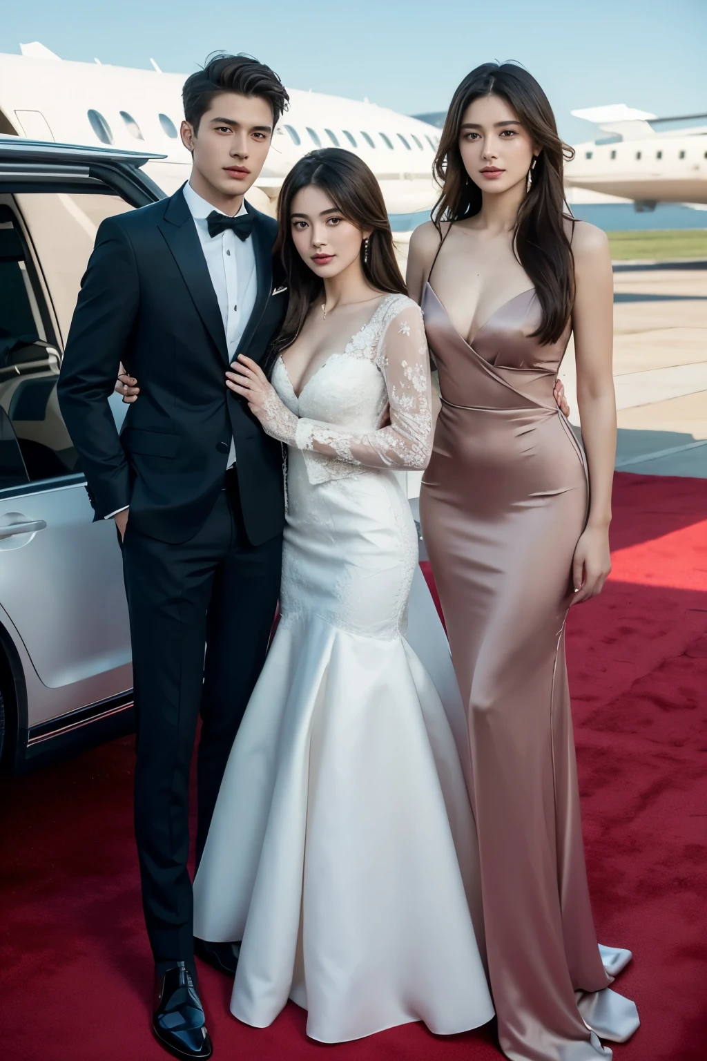 Realistic, 4k, high detailed, high quality, Potrait of one man(24 years old) in a suit(in the middle) and 2 girls with luxury dress, standing, perfectly proportioned, intimate, Lovers, close to each other, perfect anatomy, perfect background, perfect face, perfect body, detailed face, look at camera, in front of private jet, outdoor