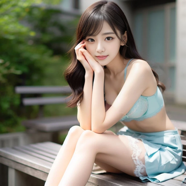 A woman in Arafe sitting on a bench with her hand on her chin, pretty face with arms and legs, a cute young woman, Real young gravure idol, cute young woman, beautiful girl model, slim girl model photo, beautiful japanese girl face, beautiful young korean woman, gorgeous young korean woman, japanese model, beautiful korean woman, young and cute girl、small mouth、cute smile、mini skirt、A sheer slip、Pastel blue lace underwear