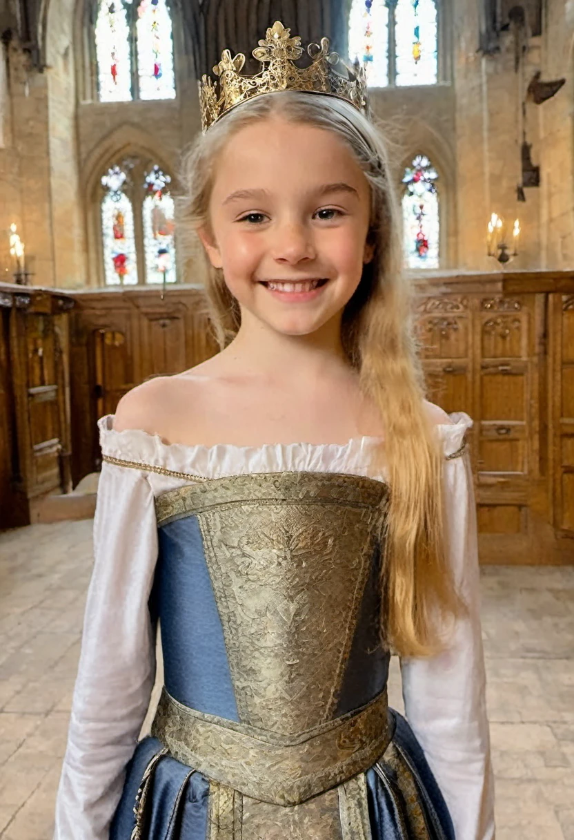 Phone photo, natural look of 5th grade girl, wearing medieval strapless french dress, arms behind head, armpits, natural light, movie still, film still, vivid eyes, light blonde hair, arms up, sweaty, at castle main hall, posted at snapchat in 2019