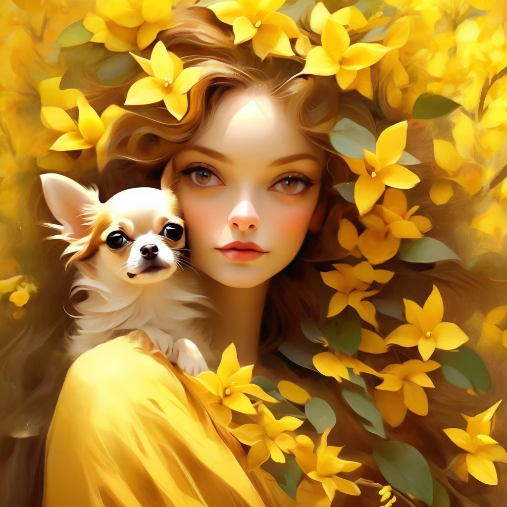 long hair、A woman with forsythia flowers in her hair holds a small chihuahua in her arms, background number 28,beautiful digital illustrations, Beautiful artwork illustration, amazing digital illustrations, beautiful digital artwork, Works that influenced Anna Dittmann, amazing digital art, exquisite digital illustration, In the style of Anna Dittmann, beautiful digital art, beautiful amazing digital art, very beautiful digital art, beautiful fantasy art