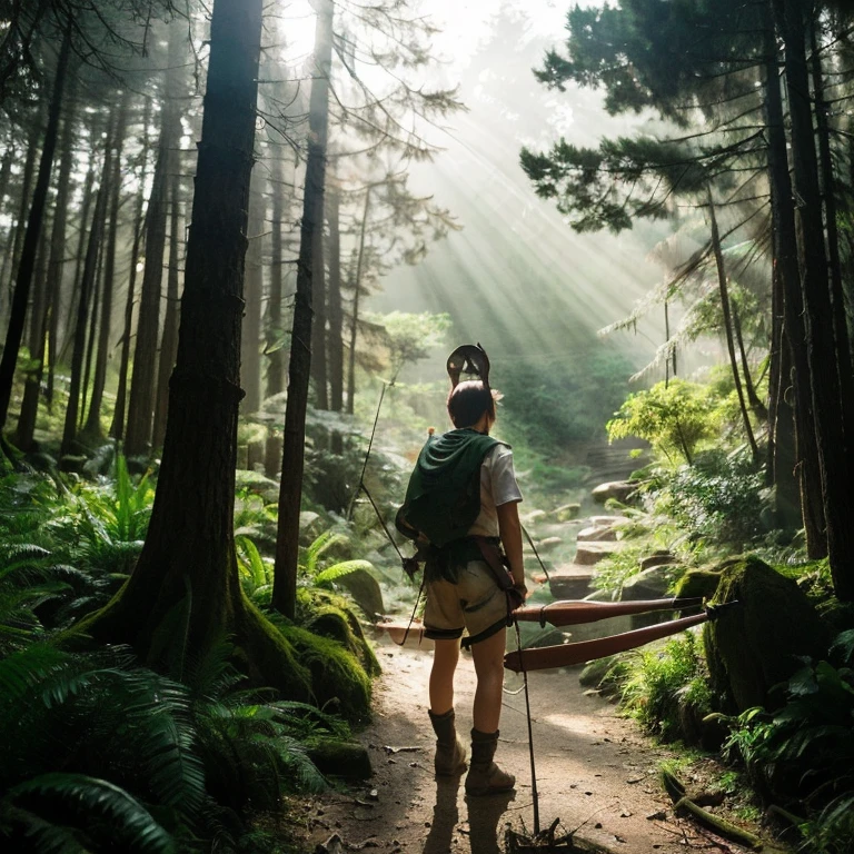 in the deep forest、Sunlight filtering through the trees、Kneeling Link、legend of zelda、elf boy、He carries a bow and arrow on his back、The dragon approaches from behind
