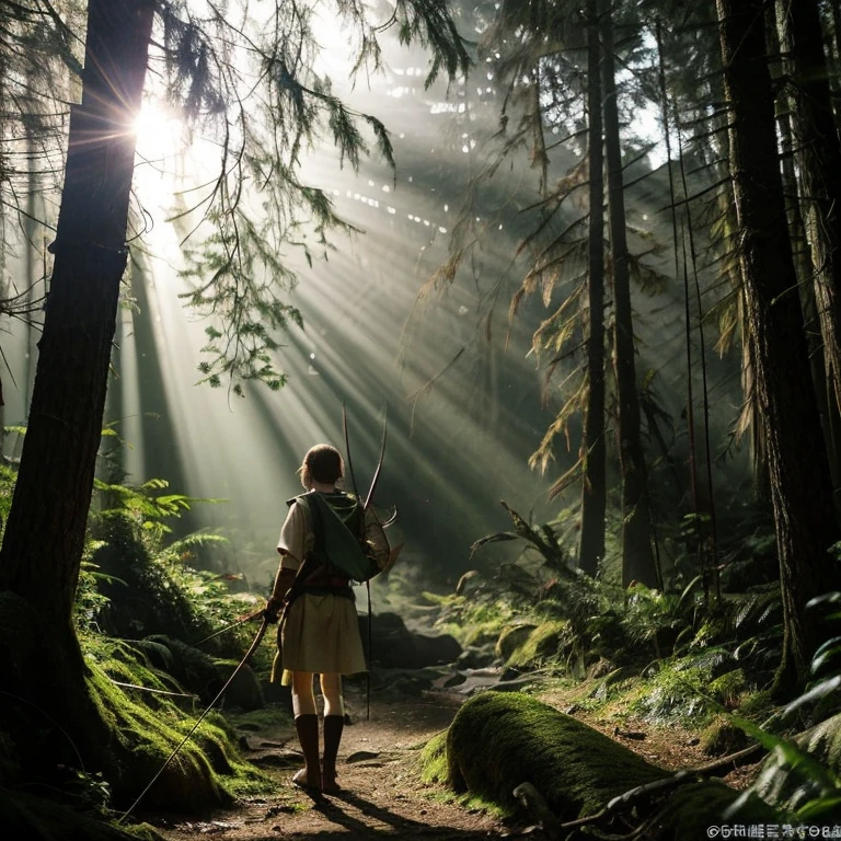 in the deep forest、Sunlight filtering through the trees、Kneeling Link、legend of zelda、elf boy、He carries a bow and arrow on his back、The dragon approaches from behind
