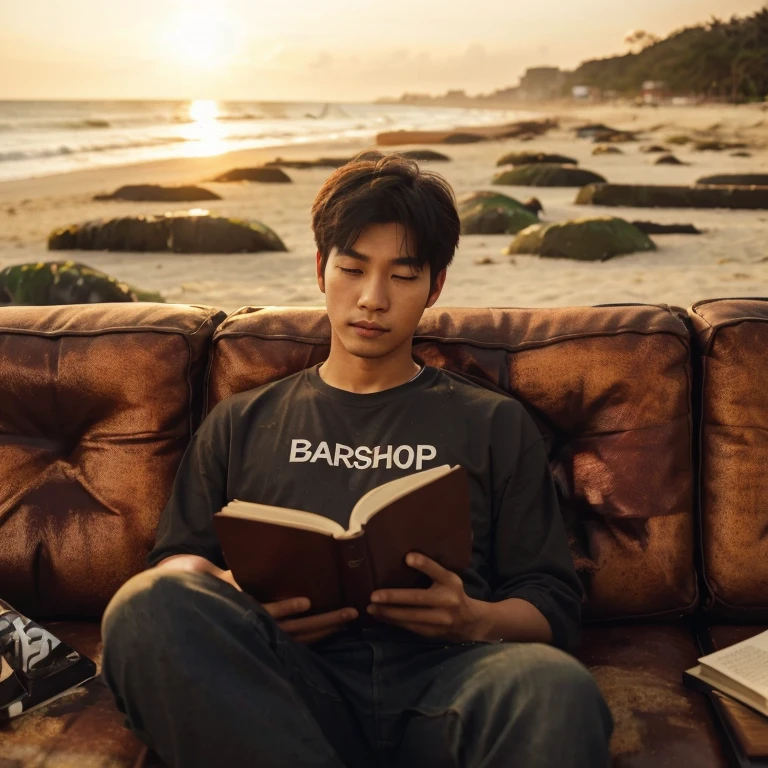high angle camera, a Korean on a sofa, an old burnt sofa, reading a book, relaxing, kaos hitam berlabel "BARSHOP", on the beach, calm atmosphere with the sunset, sitting facing the beach on the grass, cinematic portrait, advertising shoot, looking at the camera