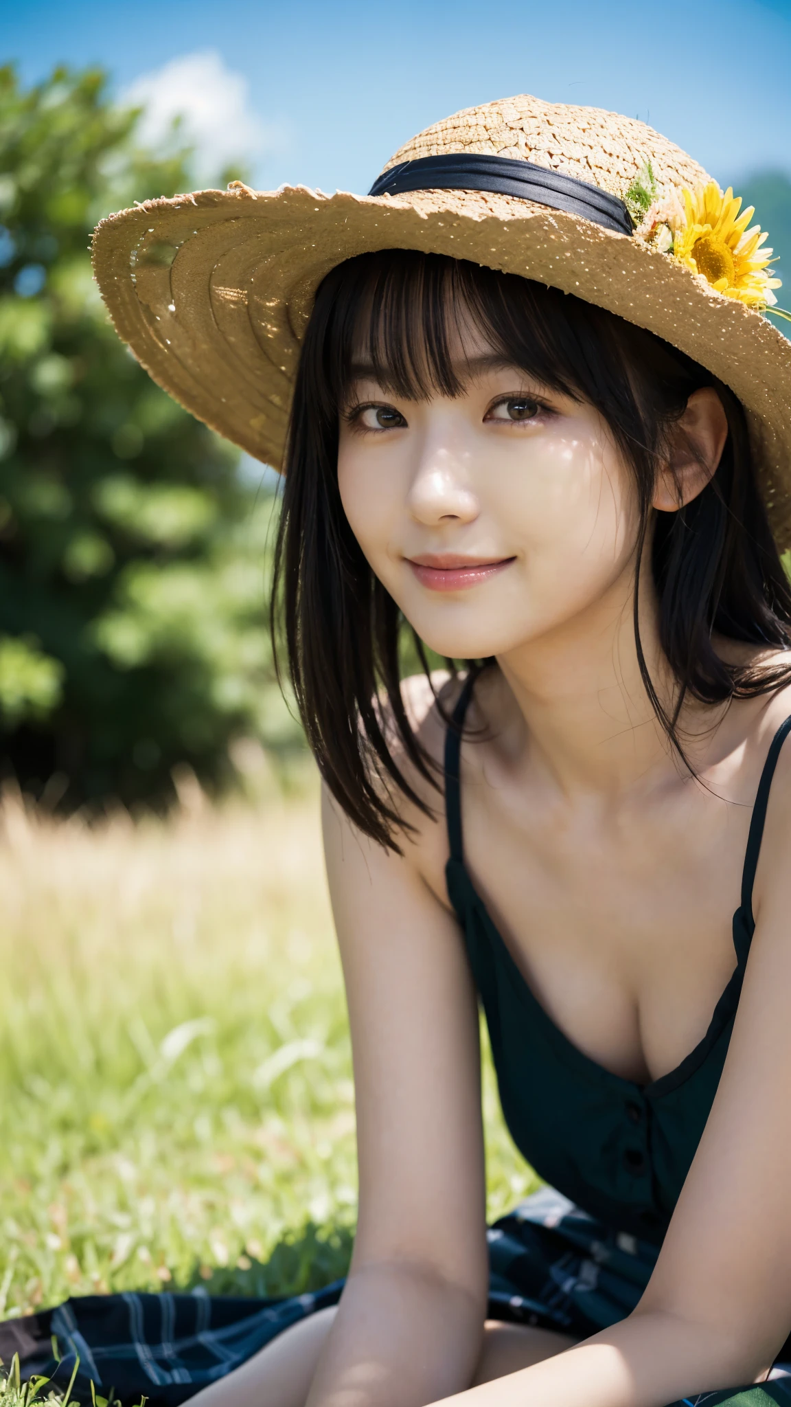 (highest quality,masterpiece:1.3,ultra high resolution),(Super detailed,caustics,8k),(photorealistic:1.4,RAW shooting),18-year-old,cute,Japanese,straw hat,Black Hair Middle Hair,(one piece),(smile),looking at the camera,blue sky,sun,(top of the hill),(Tall green grassland:1.1),(sitting in the grass),(ground level shot:1.1),(shot from the waist up),(face focus),(face close up),(low position:1.2),(Low - Angle:1.2),Natural light