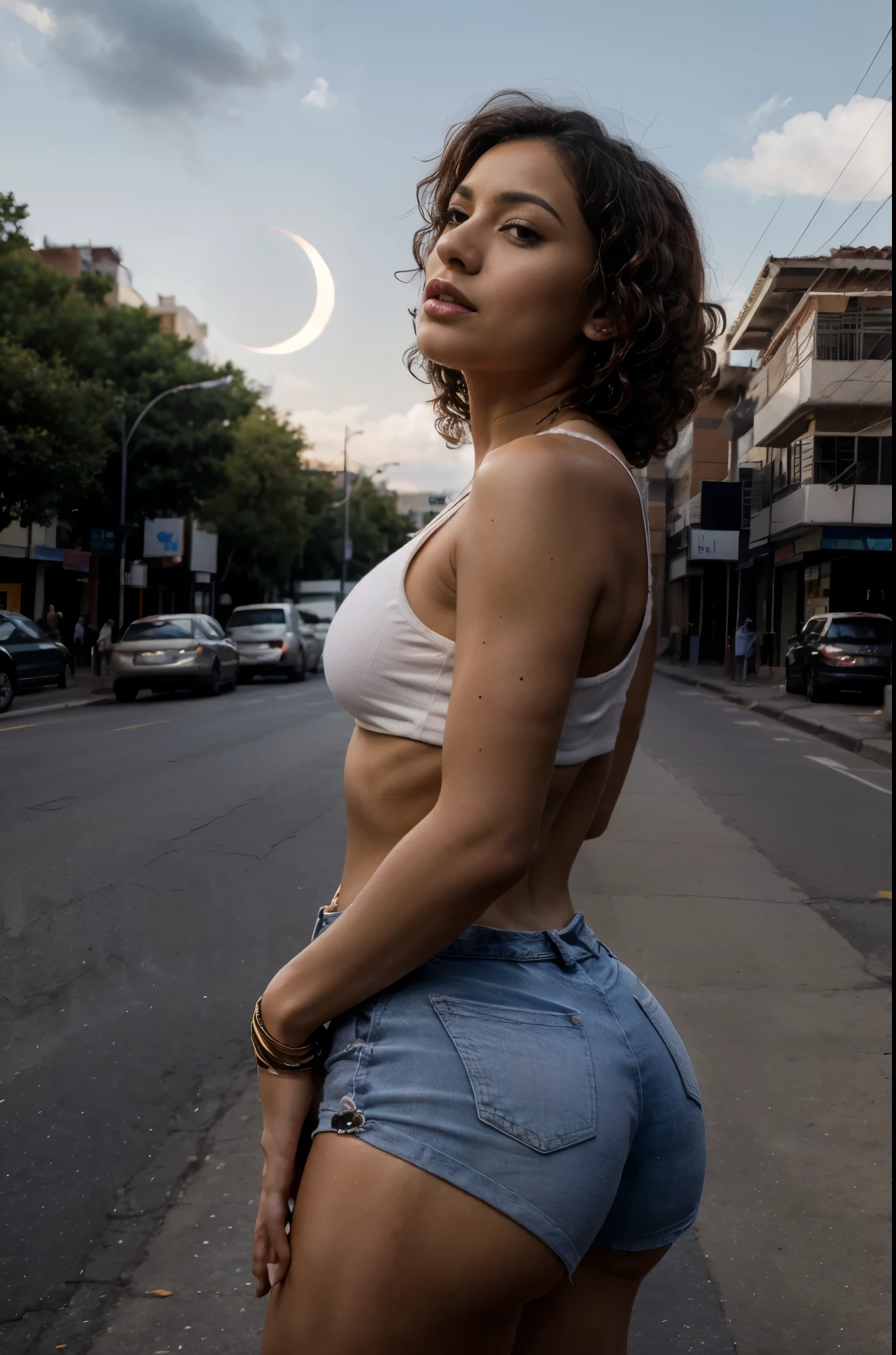 A Colombian mature curly haired busty lady standing in the middle of traffic looking up at the solar eclipse dressed in ripped booty shorts  and a checkered crop top tied in the front realistic 