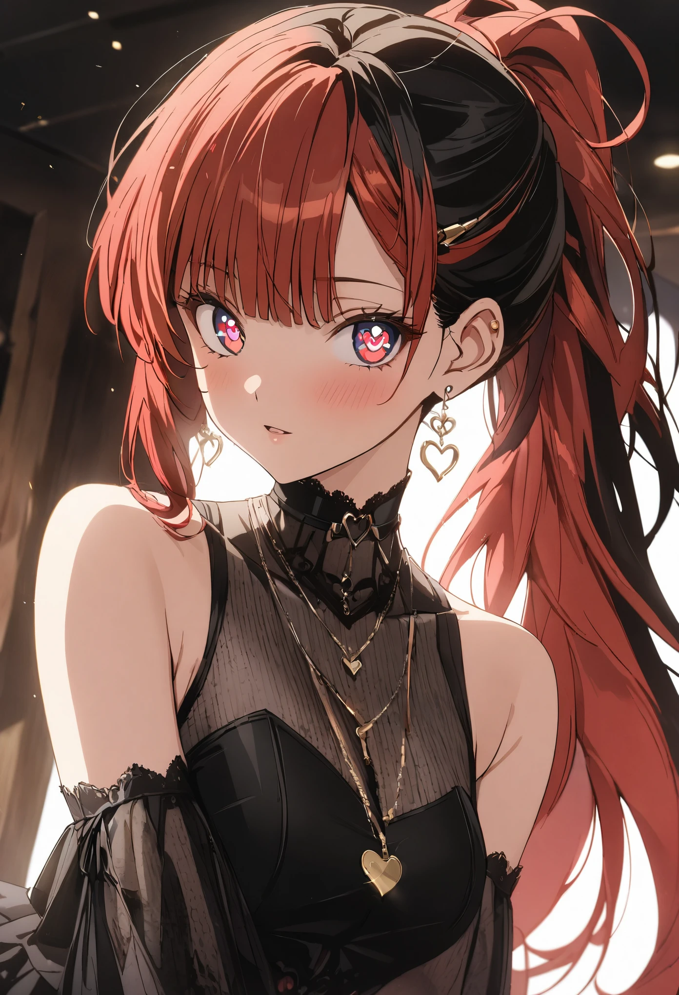 1girl, multicolored hair, black hair, red hair, bangs, ponytail, heart-shaped pupils, anime, anime style, masterpiece, high details, high quality, award winning, best quality, highres