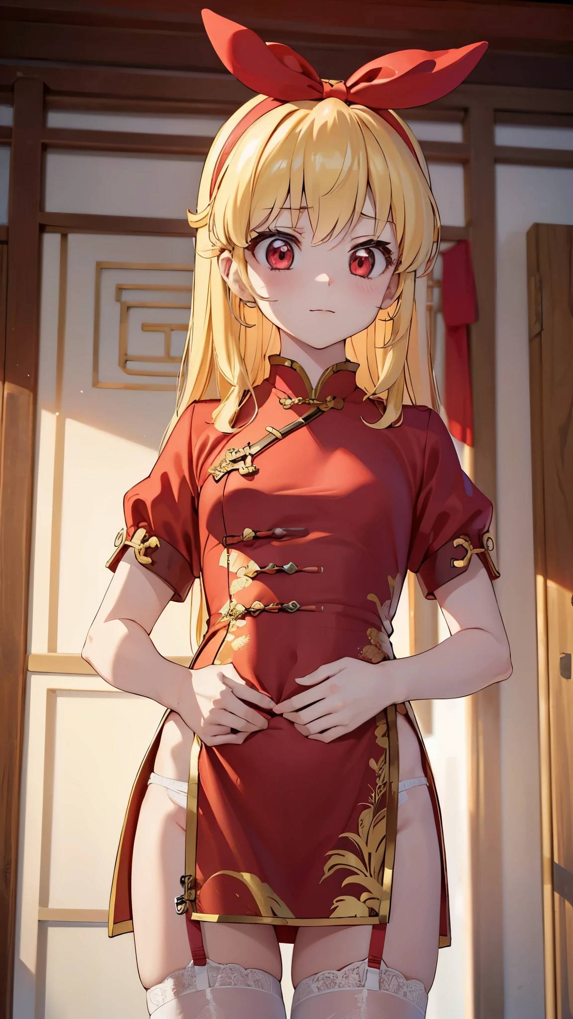 (red ribbon on hairband:1.2),masterpiece, best quality, highres, 1girl, solo, Blonde hair, RED eyes, High resolution, woman , good lighting, , (No nudity), (((China dress))), (((pointy_groin,from below))), ((())), (garter belt), abdomen only, (), , cute face,embarrassed and blush, humiliating, ((See-through))()(T-back)(a large amount of is on the body,)
