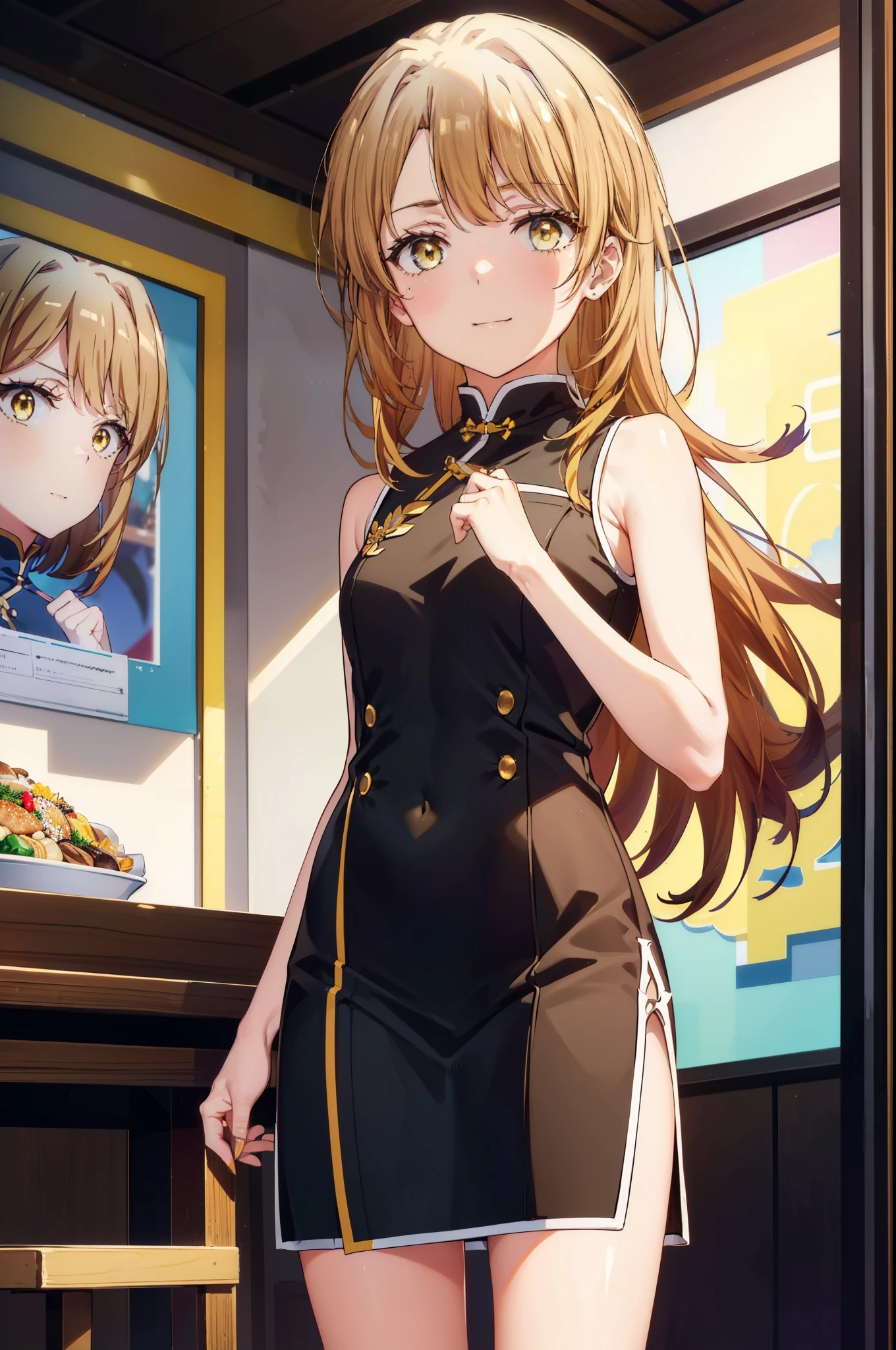 irohaisshiki, iroha isshiki, long hair,brown hair,,(brown eyes:1.5), happy smile, smile, open your mouth,bare arms,yellow cheongsam clothes,Yellow long slit,black pantyhose,stiletto heels,whole bodyがイラストに入るように,
break indoors, Chinese Restaurant,
break looking at viewer,whole body,(cowboy shot:1.5),
break (masterpiece:1.2), highest quality, High resolution, unity 8k wallpaper, (shape:0.8), (fine and beautiful eyes:1.6), highly detailed face, perfect lighting, Very detailed CG, (perfect hands, perfect anatomy),