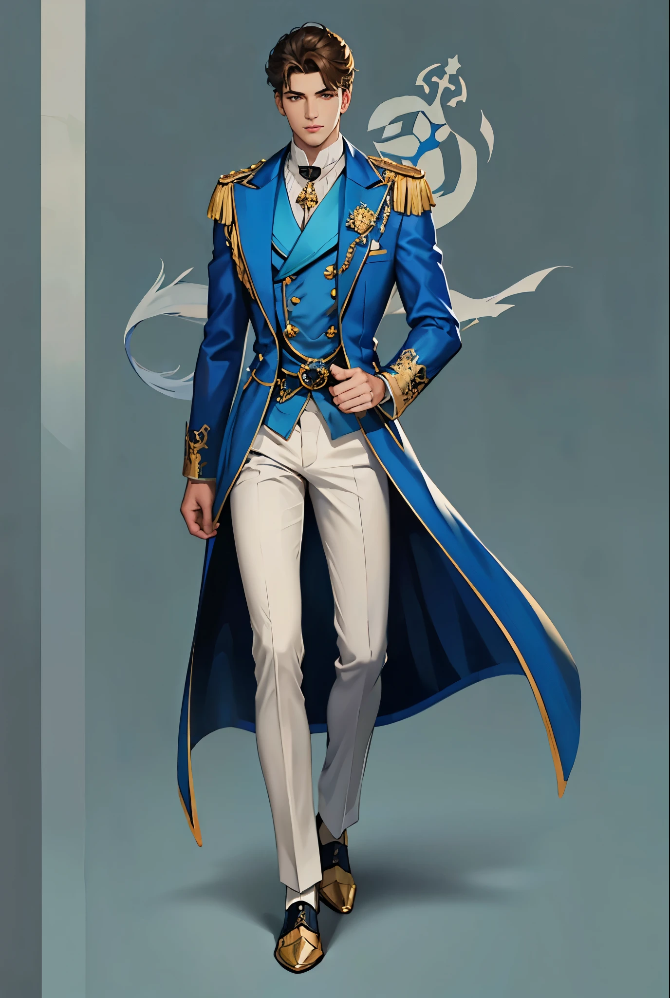 reference sheet: 1.8, great details, high quality, masterful work, Tall Boy, Beautiful face, long pants, art in boots, (masterpiece, A high resolution, high quality: 1.2), complex parts, cinematic lighting, clear focus, depth of field, blue coat, White pants, black shoes with gold toe, Gold Elements, brunette, an aristocrat, White pants, brooch expensive brooch, брошь an aristocratа, White vest, white suit, blue cloak, background
