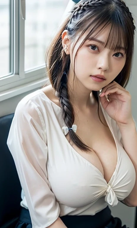 masterpiece、highest quality、16K、Japanese、beautiful girl、daytime office、Window seat、sitting in front of the computer、White loose see-through blouse、Bra shows through、navy pleated skirt、smooth and beautiful thighs、(big breasts:1.6)、Faint cleavage、fine and beautiful eyes、cute hanging eyes(flower hair ornament,Braided top knot,Twisted side part ponytail braided headband,half up、Braided Space Van,voluminous fishtail braid,Twisted pan),(The bangs are see-through bangs)、