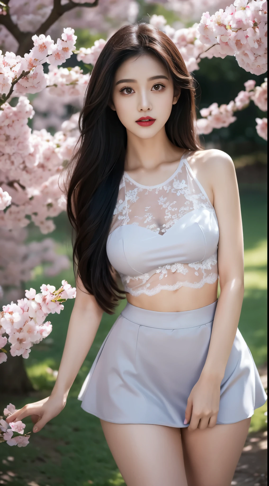 Girls wear skirts，It's a perfect face，scantily clad,Willow waist,(Cherry blossom tree)，(black transparent， lace panties)，(actual, realistically), (depth of fields),Long black hair,Thigh thick,view the viewer , insanely details, Complicated details, Skeleton costume,(Lop), Lower chest Skeleton costume,Shiny holographic Skeleton costume:1.1 , Large breasts droop,Redlip ,Sheer skirt，(((8K，winning artwork，dynamicposes)))，