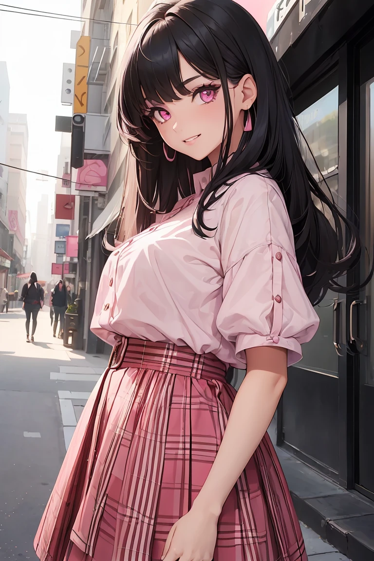 ((1 girl)), latest trend clothes, red check skirt, black clothes , Street fashion,(cowboy shot) ,((Super detailed,highest quality, High resolution, 8k wallpaper, beautiful clothes,)),((black hair, long hair,straight hair,two side up)), (teeth), Grinning face, eye shadow, eyeliner,Glow eye, highly detailed eyes, clear eyes, beautiful eyes, ((shining pink eyes))18 year old girl.