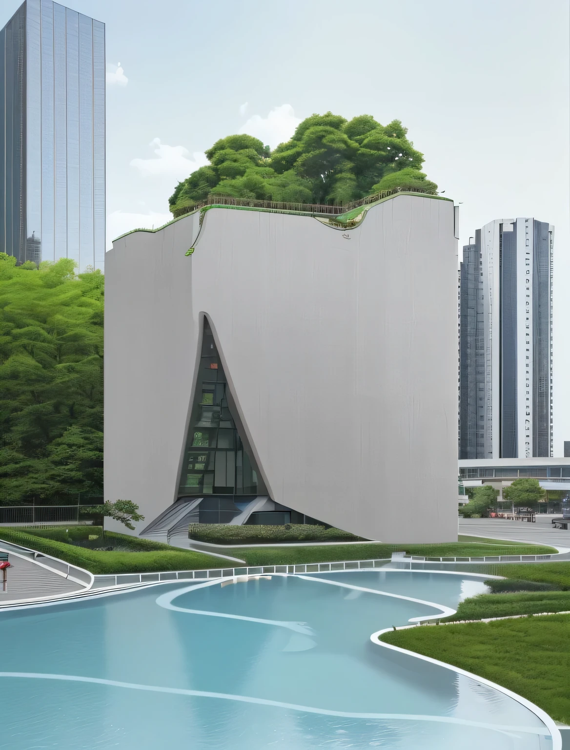 A residential design located in a busy area,There is an opening in the building,There are several public platforms between the openings.,The platform can be used for residents' activities,The bottom is the active community,Community with pool、square,green plants,The tall building behind is a glass curtain wall high-rise building in the city.,
