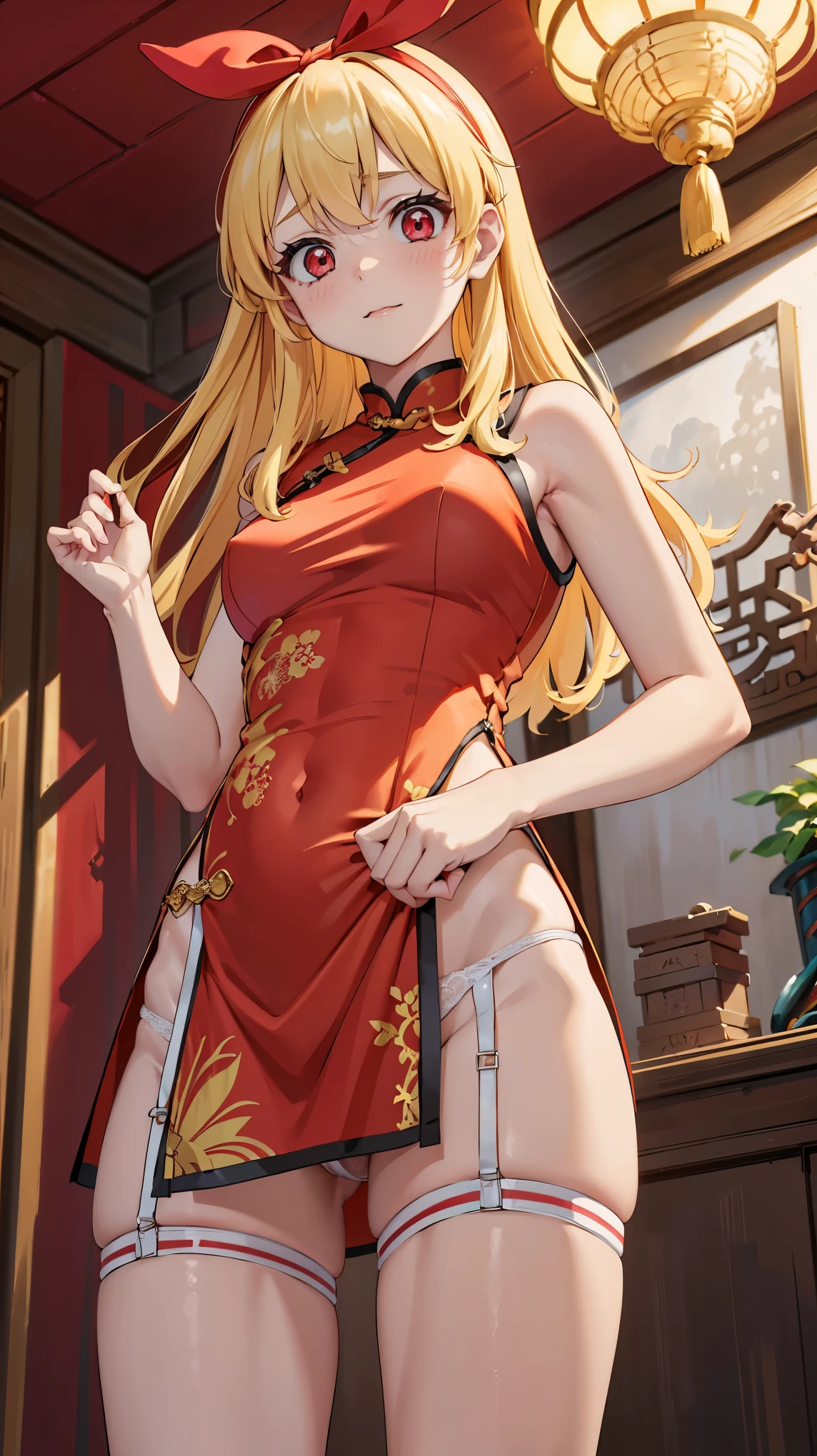 (red ribbon on hairband:1.2),masterpiece, best quality, highres, 1girl, solo, Blonde hair, RED eyes, High resolution, adult woman , good lighting, , (No nudity), (((China dress))), (((pointy_groin,from below))), ((())), (garter belt), abdomen only, (),  ,  cute face,embarrassed and blush, humiliating, ((See-through))()(T-back)(a large amount of  is on the body,)