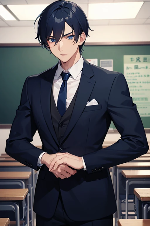 1male, maleの子, male, maleの子, male, good looking, sexy, dark blue hair, Dark blue eyes, muscular, wearing a black blazer , navy blue tie, classroom background