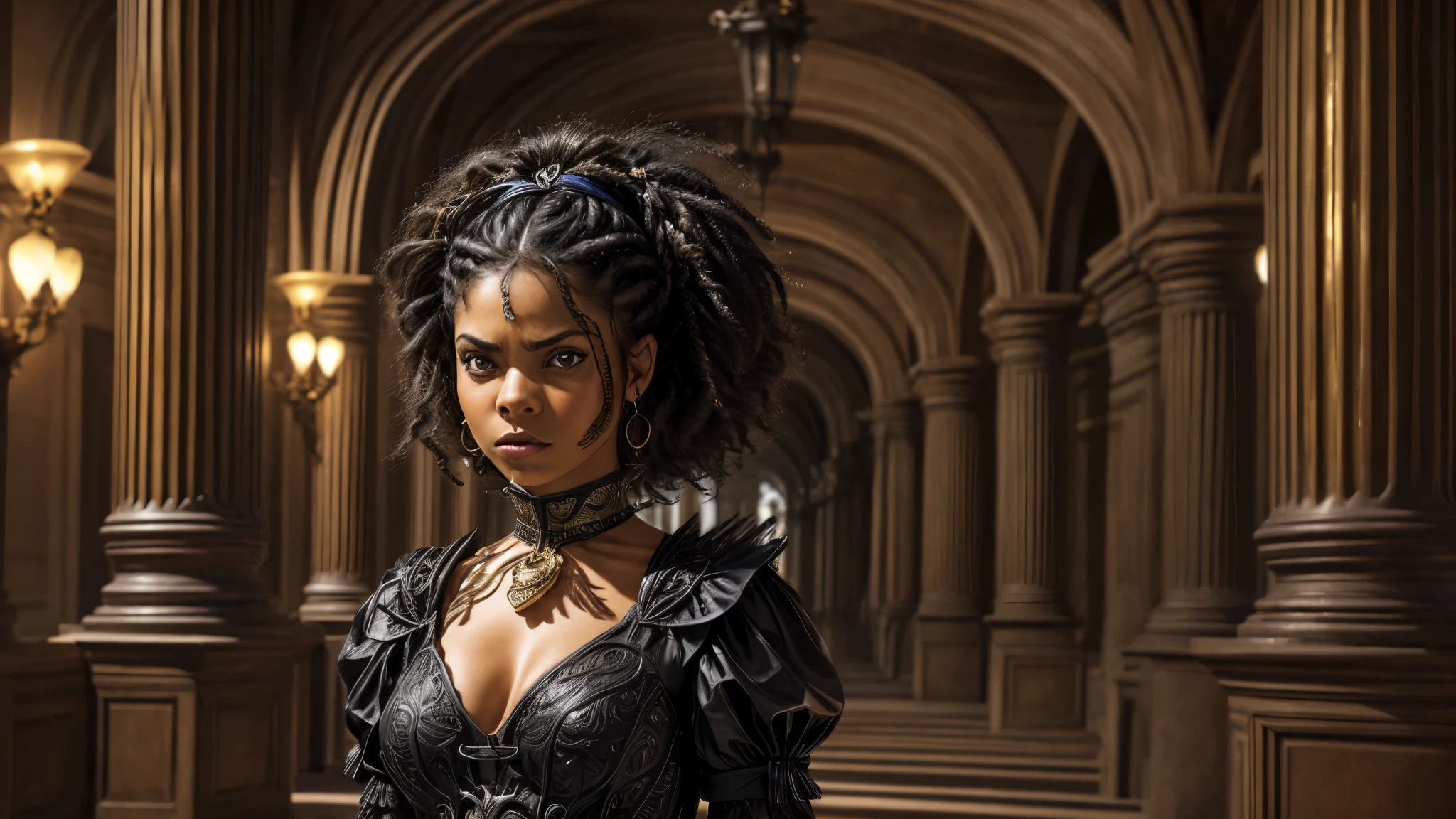 (obra maestra, Mejor calidad), Deep ebony, 1 chica estilo victoriana, hermoso rostro, angry expression,pelo rizado, rizos rizados, en una biblioteca