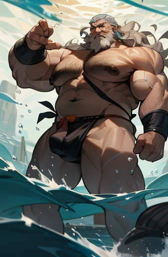 very old Taiwanese man, very gray-haired, very old, silver-haired, extremely muscular and extremely fat, over 70 years old, weighing more than 600 pounds with extremely large, muscular and very flaccid and very hairy breasts and with very large, pointed and dark nipples with relaxed muscles bodybuilders with long wavy hair floating underwater in a sea full of colorful fish wearing thongs with very hairy pubes sticking out of the thongs