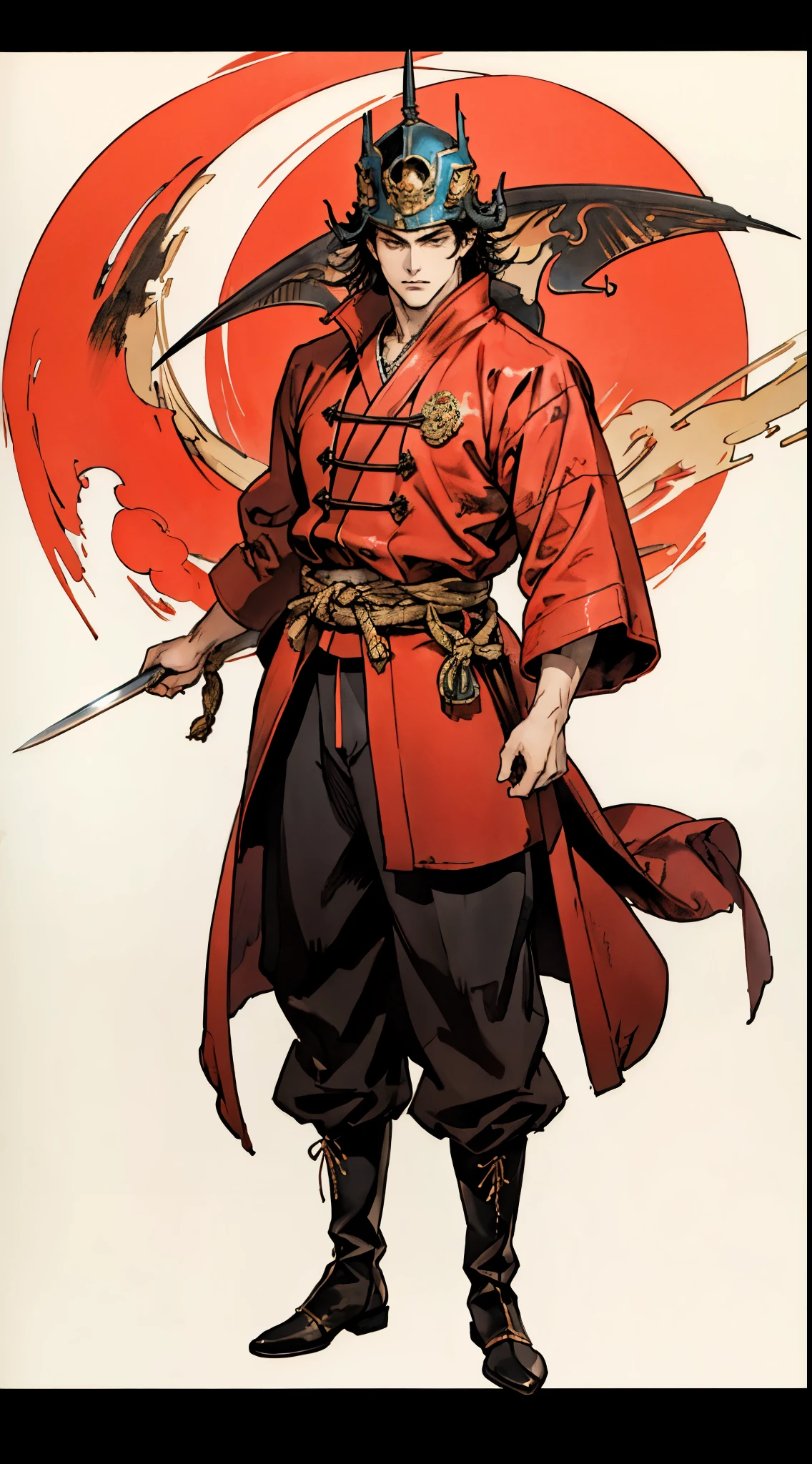 Black-haired young man with helmet, pointed eyebrows, star eyes, Exudes an aura of justice, Two-piece fantasy martial arts style costume, Features traditional Chinese martial arts robes, wide coat, flowing sleeves, Red、Mainly white, As auxiliary color, matching pants, Sturdy cloth boots, Character standing with knife，Cool pose, This character embodies an elaborate anime-style fantasy style Chinese martial arts hero., Characterized by a sophisticated and mature comic illustration art style, full body figure painting, HD, best quality, high resolution, Super detailed, Ultra-fine coating, extremely refined, professional, anatomically correct, symmetrical face, Extremely detailed eyes and face, high quality eyes, creativity, original photo, 超HD, 8K, Natural light, movie lighting, masterpiece:1.5