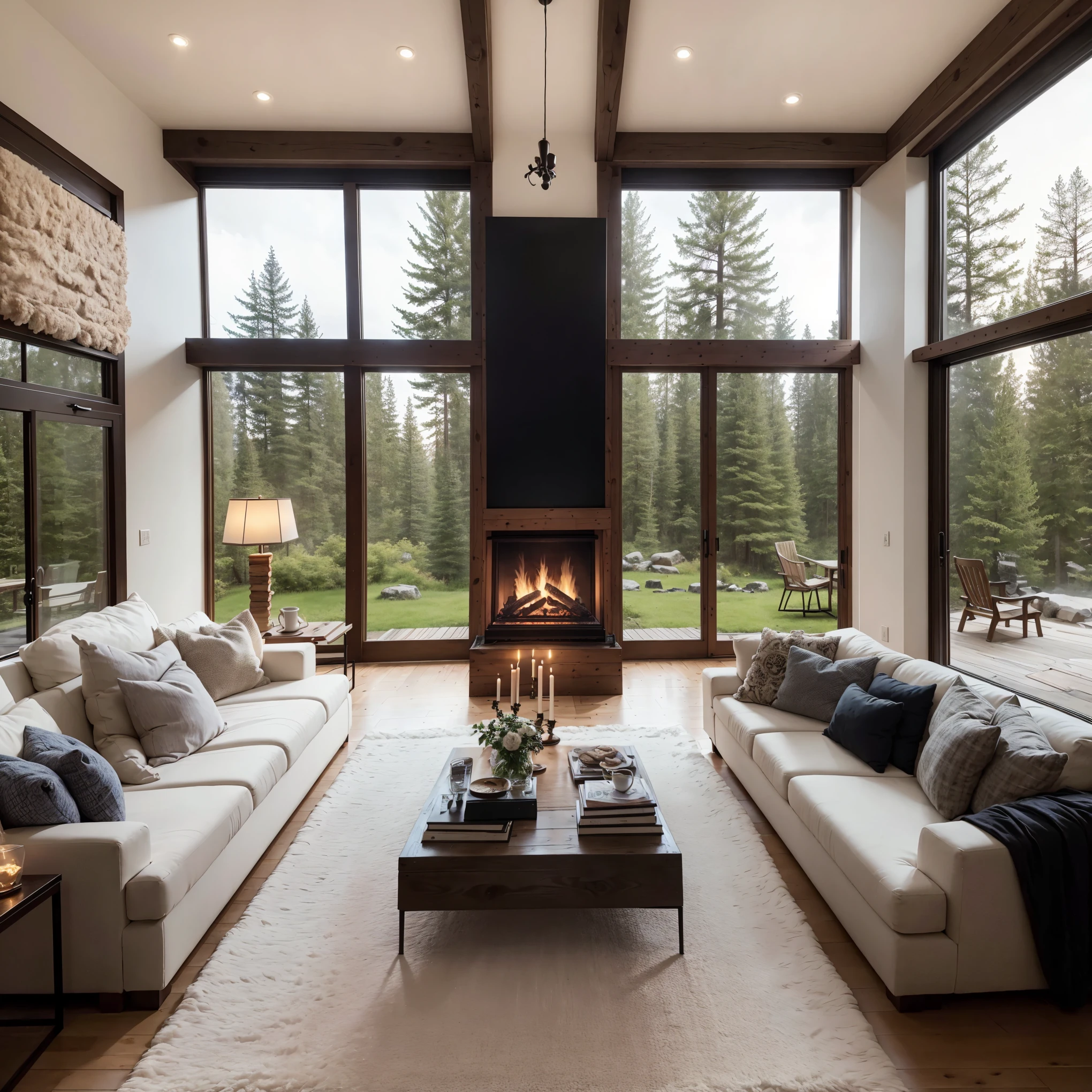 THIS EVENING WOODEN CABIN LIVING ROOM ANIME BACKGROUND, (COZY ATMOSPHERE), (SUBTLE LIGHTING), BRIGHT STONE FIREPLACE FIRE, LIONSKIN RUG THIS EVENING BEST QUALITY, TRANSPARENT GLASS WINDOWS