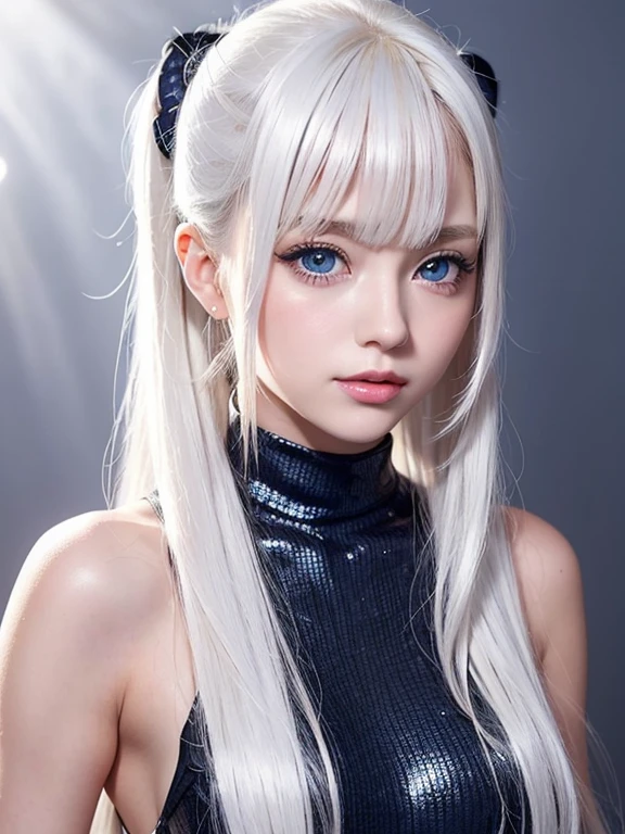 Portrait、、bright look、ponytail、young shiny glossy white shiny skin、best looks、Platinum blonde hair with dazzling highlights、shiny bright hair,、Super long smooth straight hair、Shining beautiful bangs、Sparkling crystal clear charming big blue eyes、Very beautiful and lovely cute 16 year old girl、rich bust
