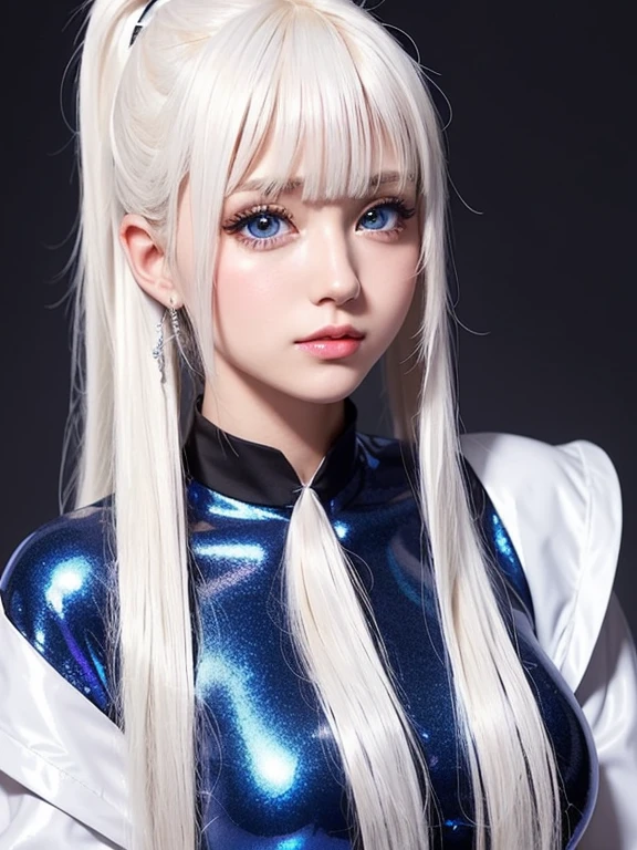 Portrait、、bright look、ponytail、young shiny glossy white shiny skin、best looks、Platinum blonde hair with dazzling highlights、shiny bright hair,、Super long smooth straight hair、Shining beautiful bangs、Sparkling crystal clear charming big blue eyes、Very beautiful and lovely cute 16 year old girl、rich bust