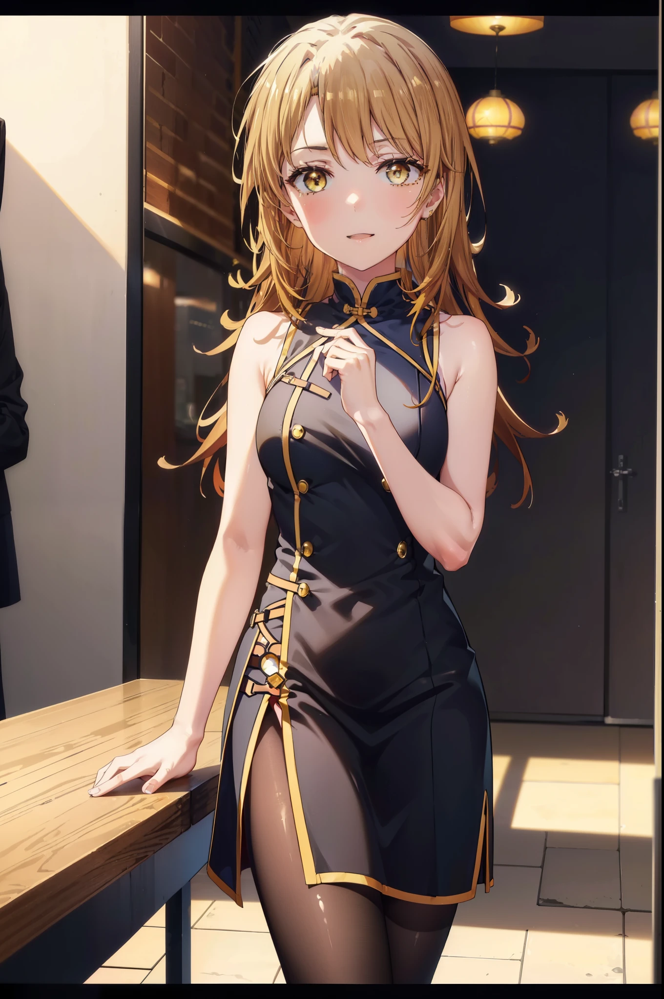 irohaisshiki, iroha isshiki, long hair, brown hair, (brown eyes:1.5), smile,yellow dress, china dress, Chinese service, dress, air, hip vent, side long slit, No sleeve, No sleeve dress, black pantyhose,stiletto heels,
break indoors, Chinese style restaurant,
break looking at viewer,
break (masterpiece:1.2), highest quality, High resolution, unity 8k wallpaper, (figure:0.8), (detailed and beautiful eyes:1.6), highly detailed face, perfect lighting, Very detailed CG, (perfect hands, perfect anatomy),