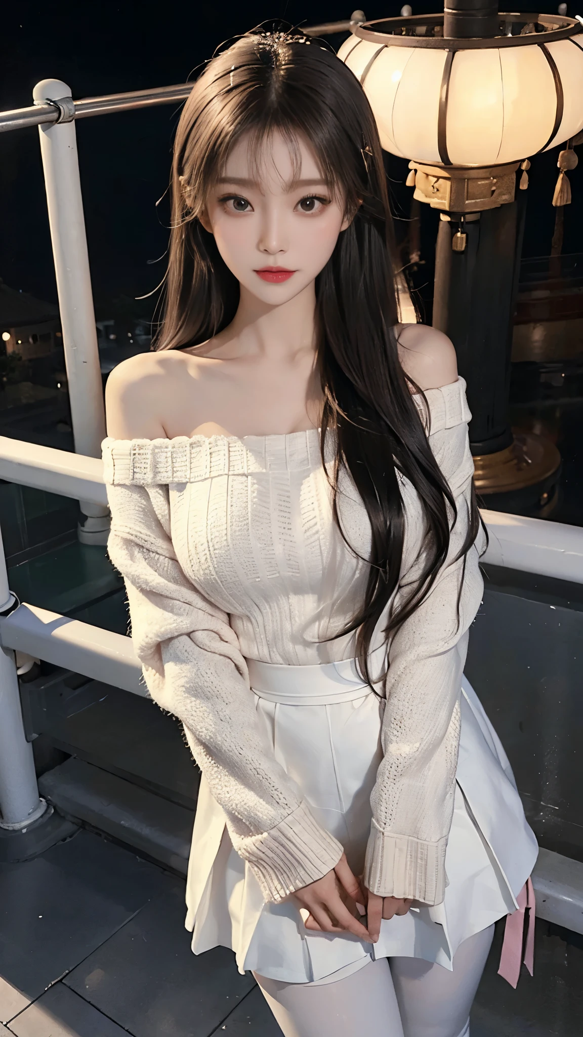 A beautiful Chinese girl wearing an off-shoulder white sweater dress and black pantyhose,Height 160,Weight 45kg,Perfect body,fairer complexion,Oval face,Deep facial features,Long brown hair,A confident smile,A little blush on face,light pink eyeshadow,night time，Posing against the railing on the observation deck,Realistic style,masterpiece