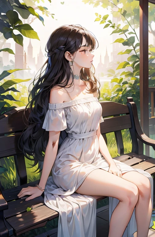 ((beauty of nature, High resolution: 1.2)), 1 girl, The 20-year-old Inhuman Bunny、Has a mystical charm: 1.3, ((No correction, Organic Look: 1.1)), slender body shape: 1.2, profile: 1.4, Long wavy hair cascading down her back: 1.3, delicate features: 1.4, expressive eyes: 1.2, ((Natural light environment: 1.1)), wearing a flowing dress: 1.1, ((subtle makeup, minimal accessories: 1.1)), sitting elegantly on a wooden bench: 