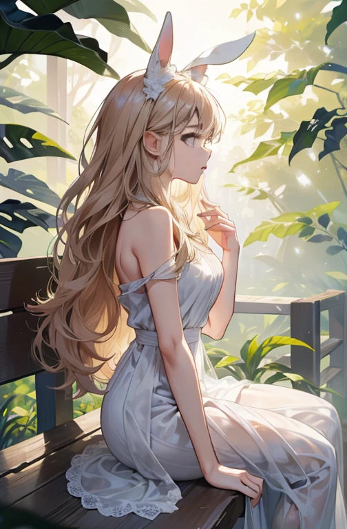 ((beauty of nature, High resolution: 1.2)), 1 girl, The 20-year-old Inhuman Bunny、Has a mystical charm: 1.3, ((No correction, Organic Look: 1.1)), slender body shape: 1.2, profile: 1.4, Long wavy hair cascading down her back: 1.3, delicate features: 1.4, expressive eyes: 1.2, ((Natural light environment: 1.1)), wearing a flowing dress: 1.1, ((subtle makeup, minimal accessories: 1.1)), sitting elegantly on a wooden bench: 
