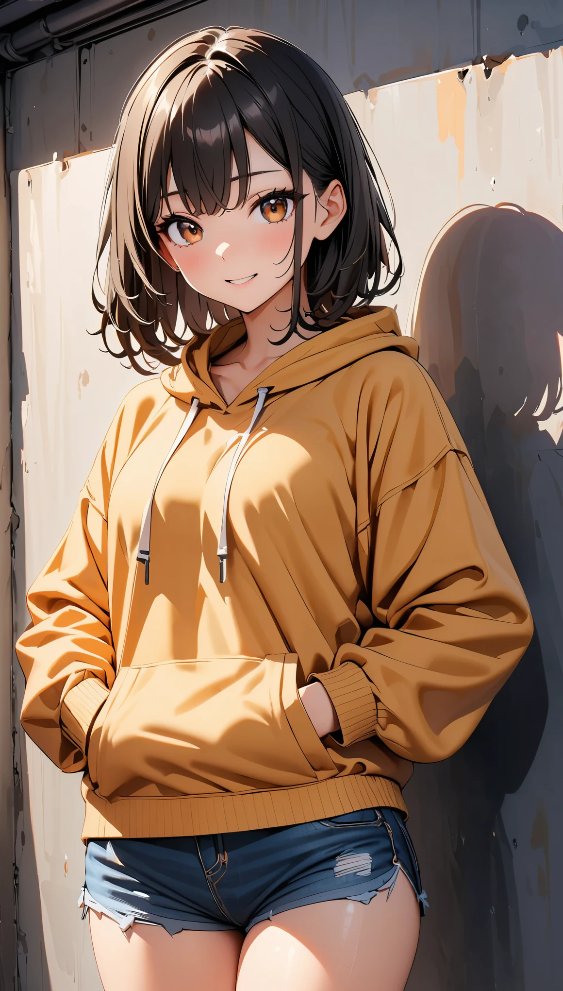 (high quality, 8k, 4k, high contrast, masterpiece:1.2, best quality, best aesthetics), 1 young woman, (high detail skin:1.2), black hair, reddish brown eyes, slim body shape:1.4, Highly detailed face and skin texture, Beautiful - Glowing Skin, perfect fingers, five fingers, (Yellow hoodie, denim shorts), in front of a white wall, posing, photo shoot,